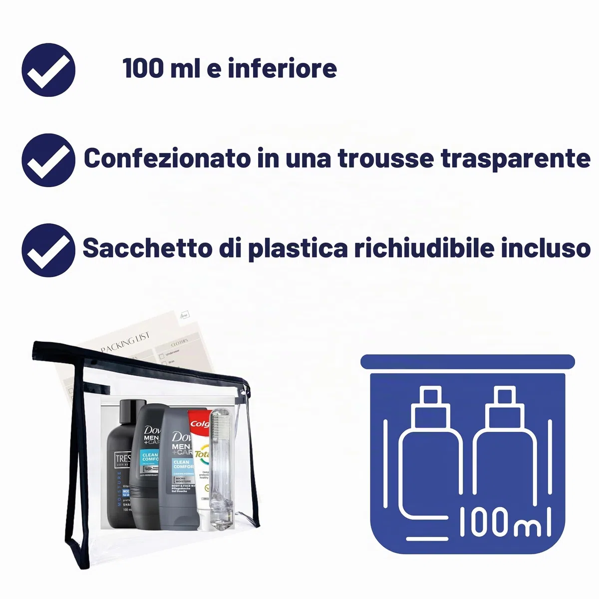 Mini set da toeletta da viaggio per uomo,Kit da viaggio essenziale da toilette per viaggi, ospedale, soggiorno notturno, Trasparente, Borsa da toilette da viaggio