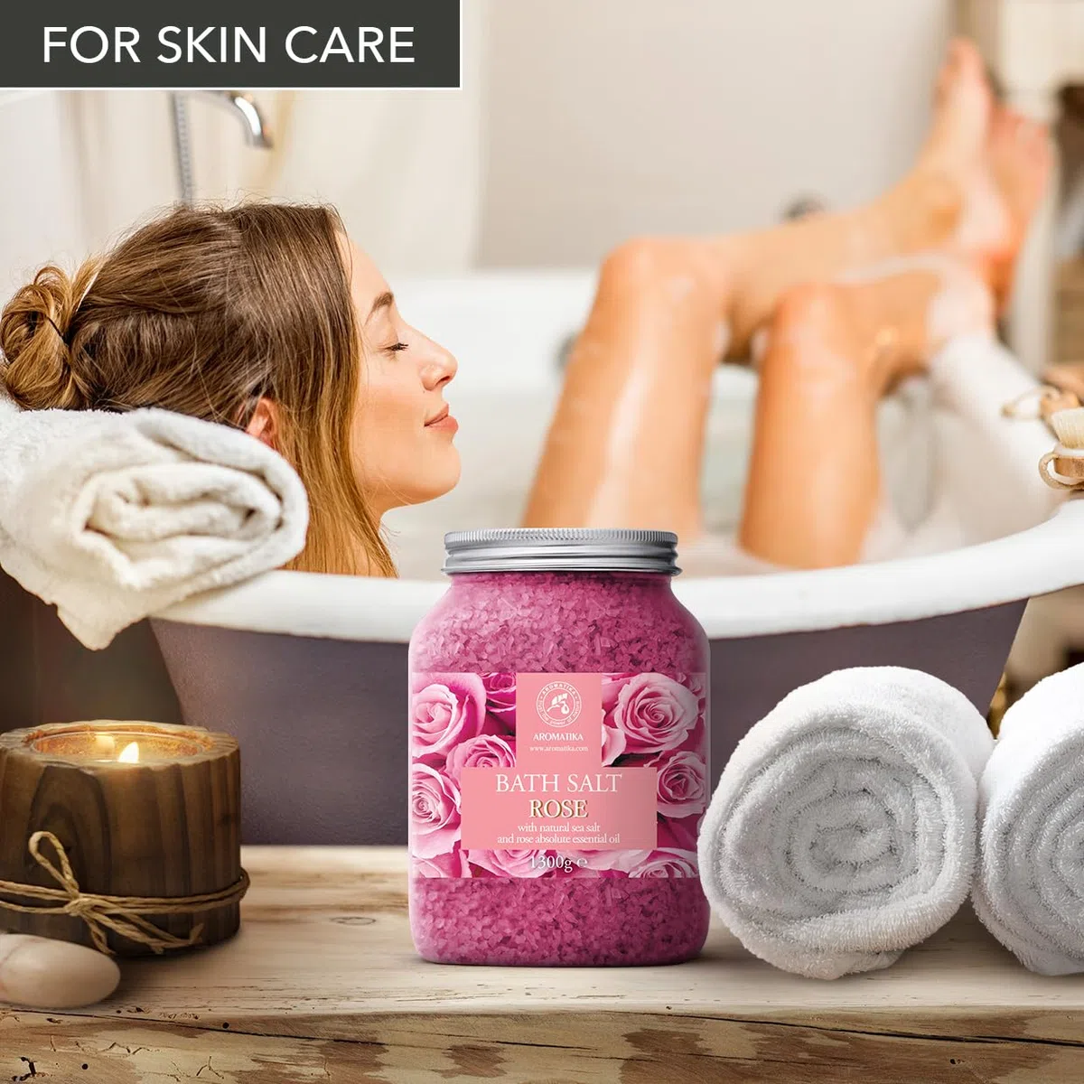 Sale da Bagno Rosa 1300g - Sale Marino con Olio Essenziale di Rose - per un Buon Sonno - Riduzione dello Stress - Cura del Corpo - Relax - Aromaterapia - Bellezza - Sali da Bagno di Aromatika