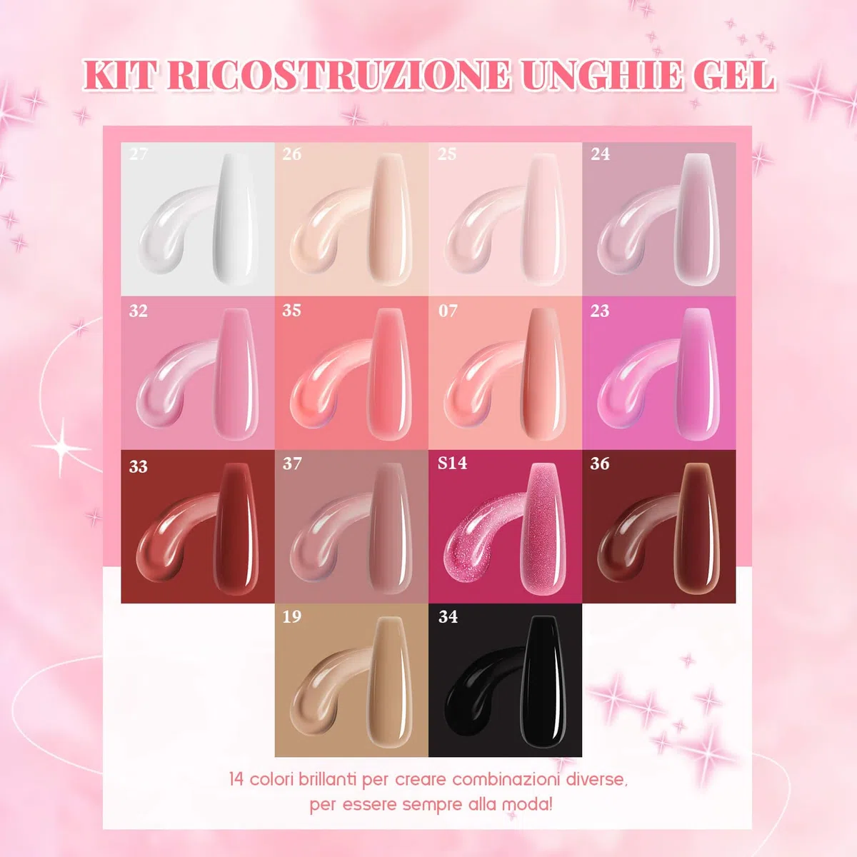 Phoenixy Kit Unghie Gel Completo 14 Colori 15 ML Gel Ricostruzione Bianco Nero Nudo Pink Kit Ricostruzione Unghie U V/LED Regalo per Donna