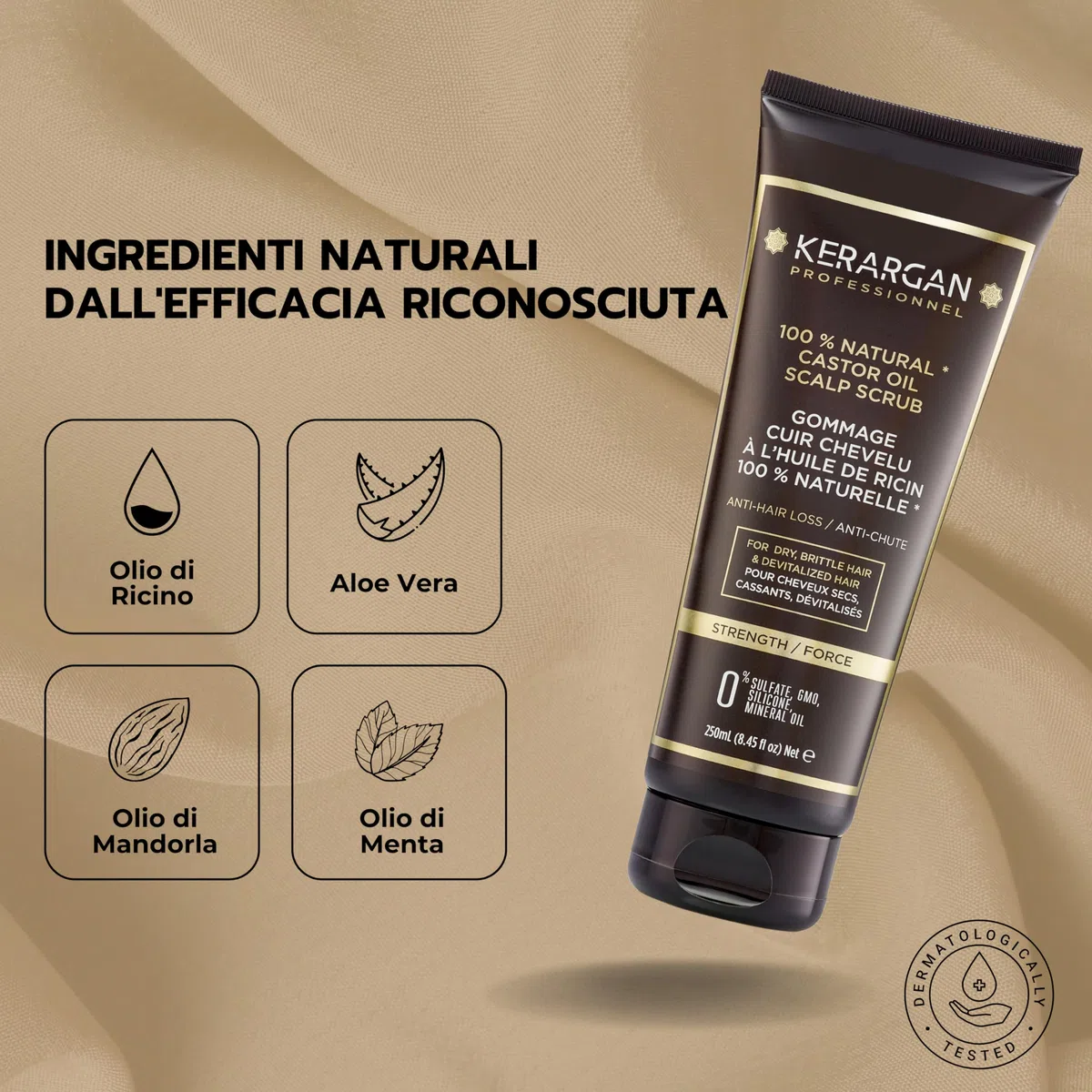 Kerargan - Scrub Capillare Anti-Caduta all'Olio di Ricino - Per un Cuoio Capelluto Sano e Capelli Rivitalizzati - Arricchito con Olio di Mandorle Dolci e Aloe Vera - Senza solfati,GMO,silicone - 250ml