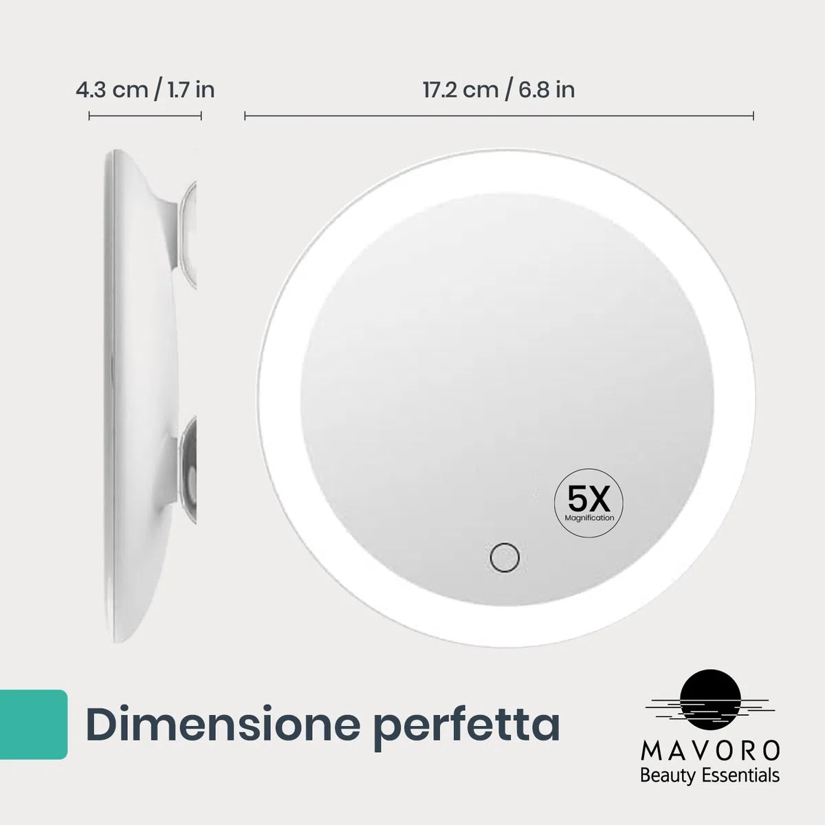 Mavoro Specchio Ingranditore LED 17 cm con 3 ventose forti | Ingrandimento 5X | Specchio trucco & cosmetico da viaggio portatile illuminato (batteria integrata ricaricabile USB-C | 5X)