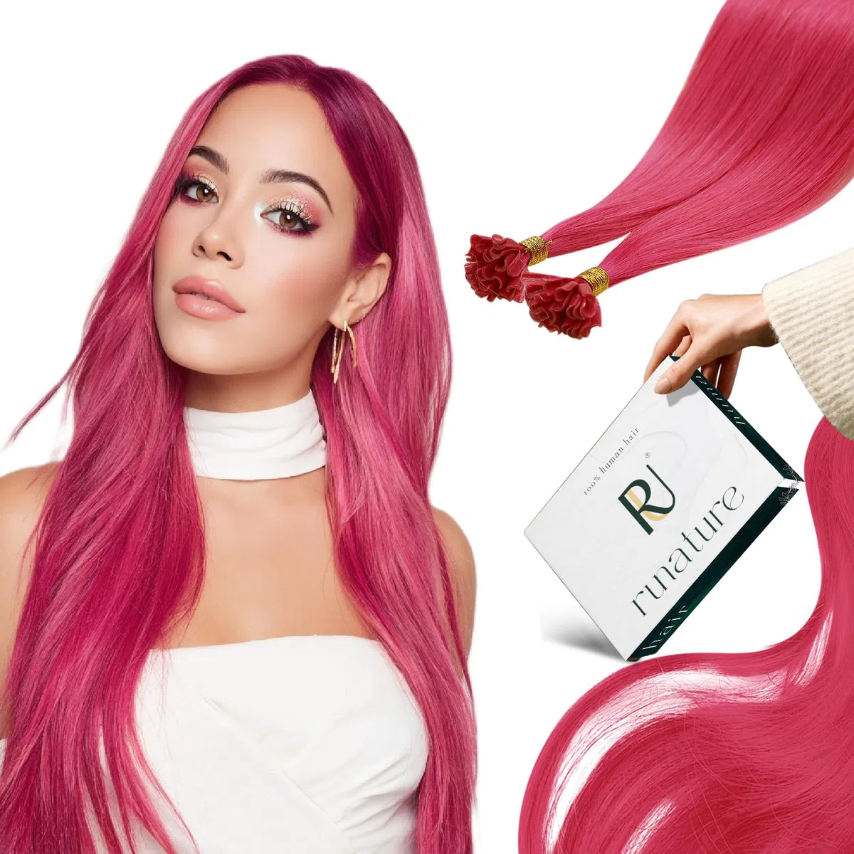 RUNATURE Extension Capelli Veri Cheratina Rosa 35cm 20g 25s Remy Extensions Capelli Veri Lisci #HotPink