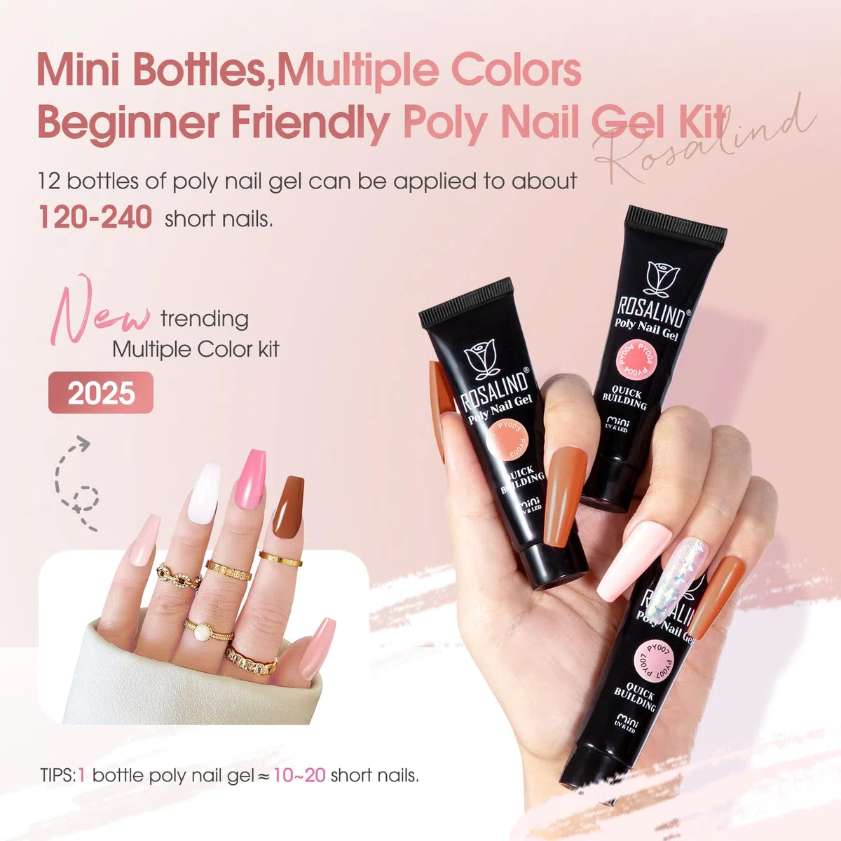 ROSALIND Poligel per Unghie Kit Completo, 12 Colori 10ml Gel Unghie Ricostruzione con UV Lampada, Base & Top Coat e Strumenti, Poly Nail Gel Completo kit per Principiante, Professionale e Salone