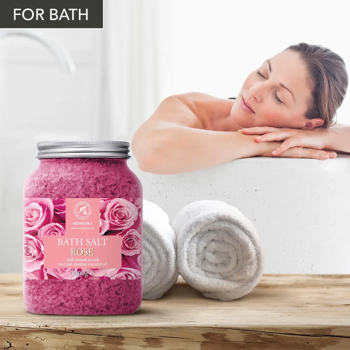 Sale da Bagno Rosa 1300g - Sale Marino con Olio Essenziale di Rose - per un Buon Sonno - Riduzione dello Stress - Cura del Corpo - Relax - Aromaterapia - Bellezza - Sali da Bagno di Aromatika
