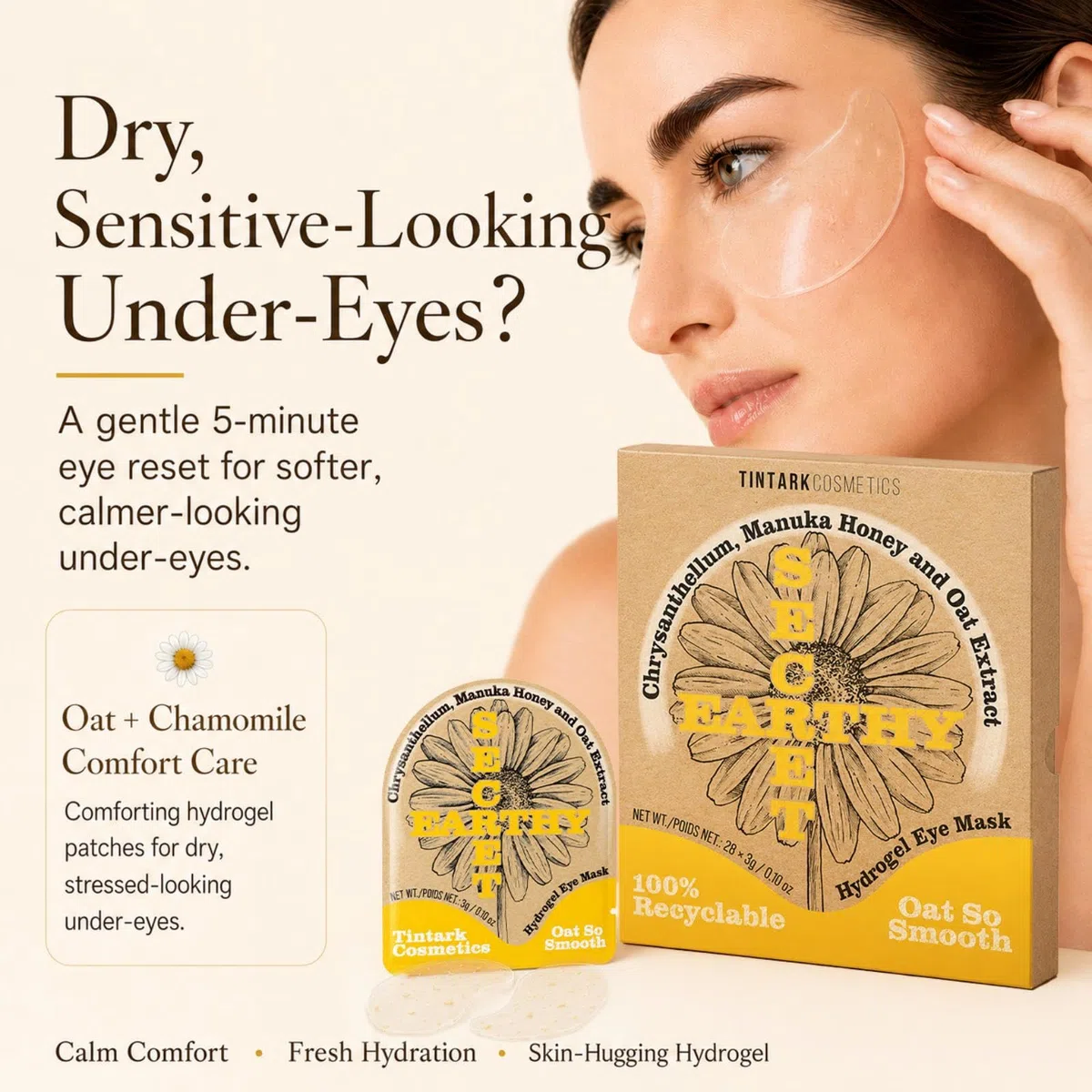 TINTARK Patch Occhi Oat So Smooth 28 Paia – Hydrogel Eye Mask con Crisantemo, Miele di Manuka e Avena, Anti Rossori e Secchezza, Idratante e Riparatore per Pelle Sensibile, Cura di Sé e Relax
