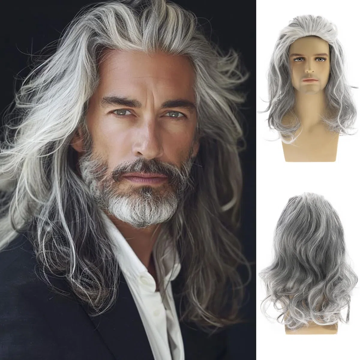 Parrucche lunghe ondulate grigie per gli uomini sintetiche resistente al calore Cosplay Halloween Costume