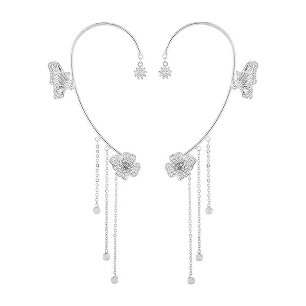Butterfly Tassel Style Zircon Earrings, No Pierced Wraparound Butterfly Flowers Tassels Earrings,Womens Girls Jewelry Gift