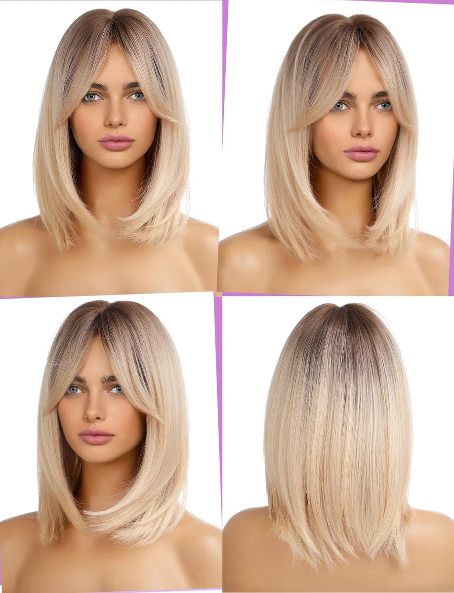 WOKESTAR Parrucche corte bionde con radici scure per le donne, parrucche sintetiche Bob stile termoresistente Bob