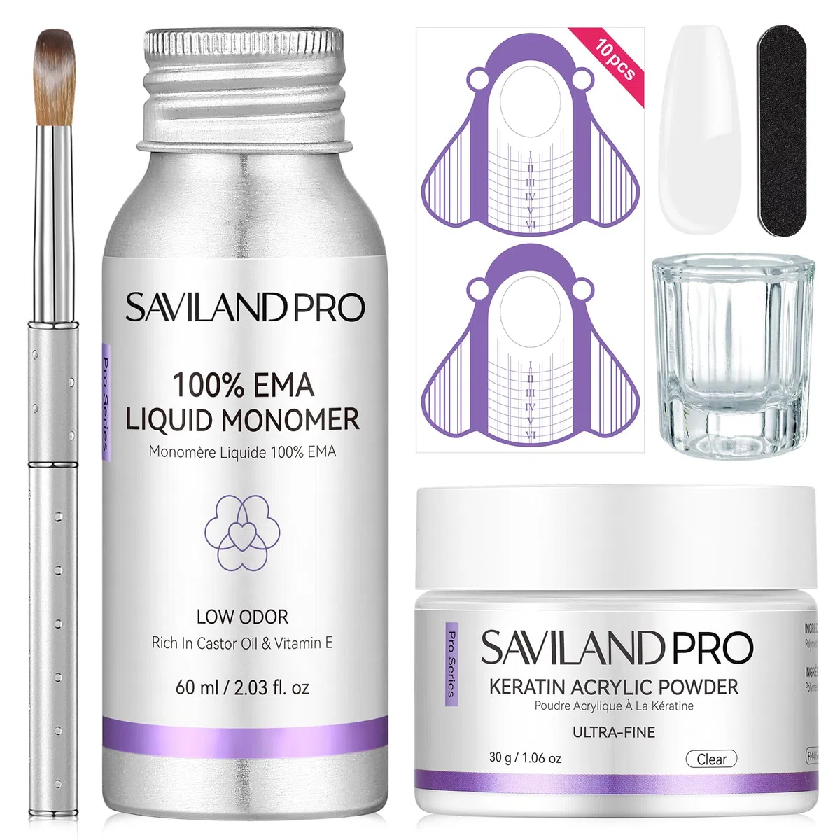 SAVILAND Set di Unghie Acriliche per Principianti: set Completo Acrilico per Unghie Polvere Acrilica Trasparente Monomero EMA con Pennello e Sagome per Allungamento Unghie per Fai Da Te