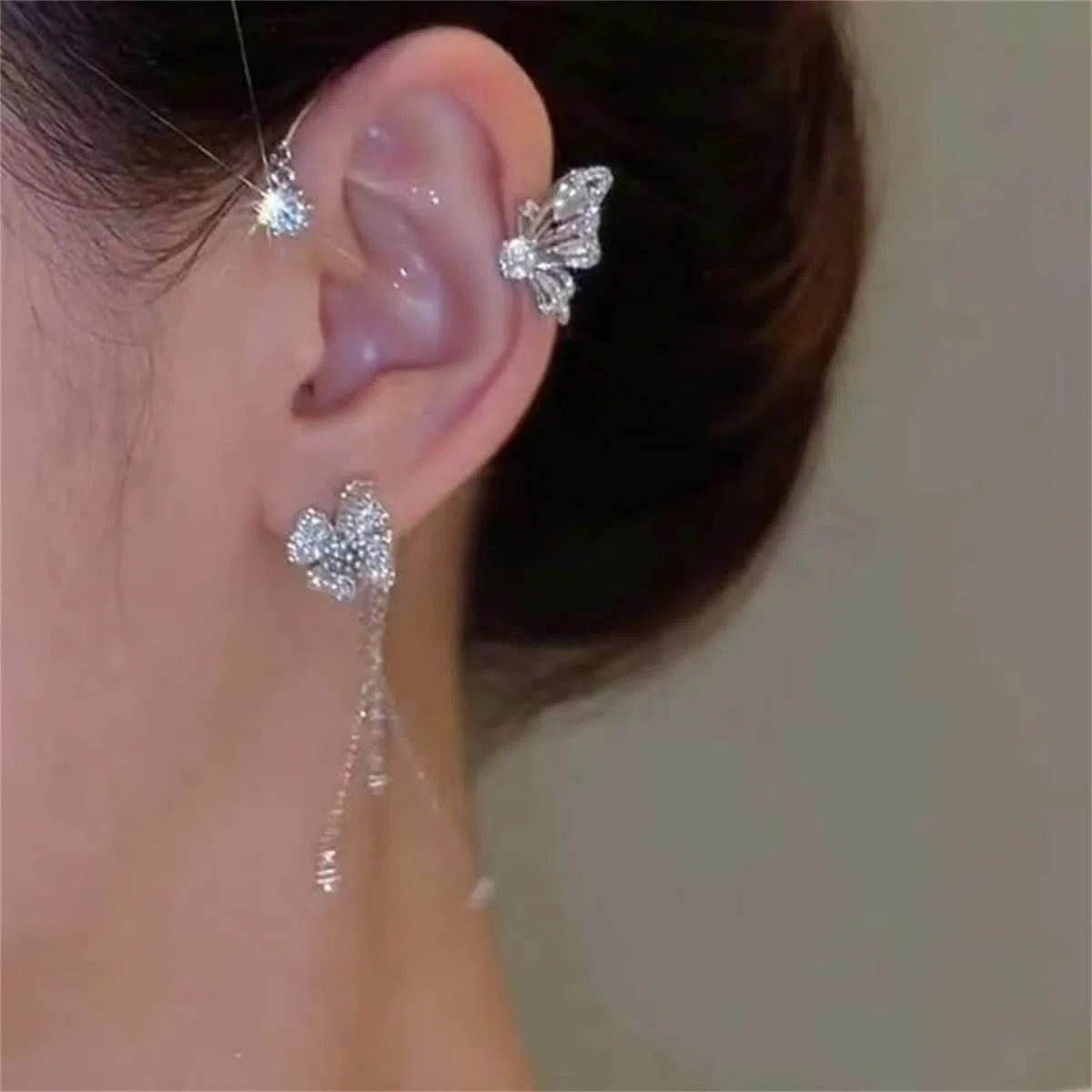Butterfly Tassel Style Zircon Earrings, No Pierced Wraparound Butterfly Flowers Tassels Earrings,Womens Girls Jewelry Gift