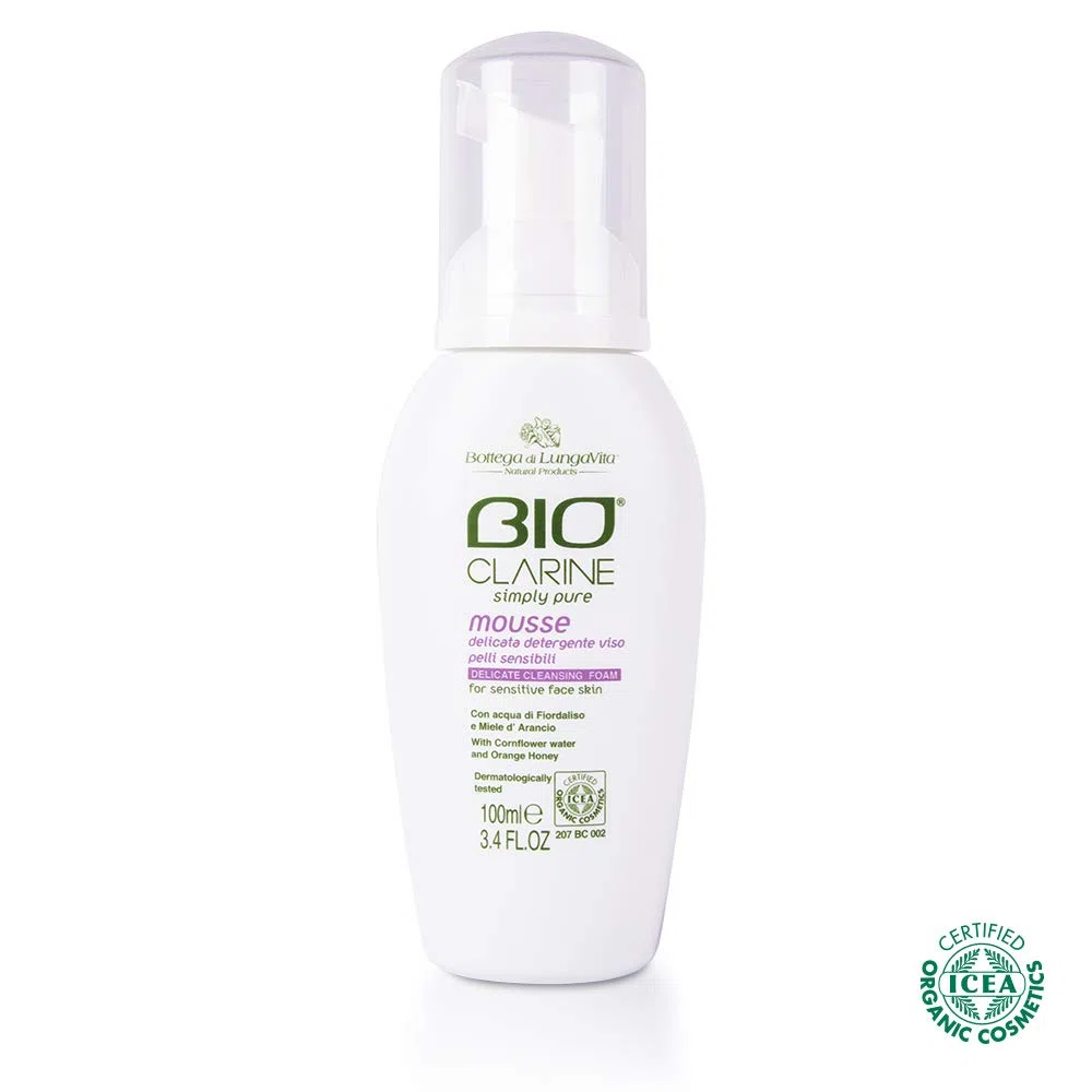 Bottega di LungaVita Natural Products MOUSSE DELICATA DETERGENTE VISO BIOCLARINE Certificata Biologica - Soffice mousse indicata per l'igiene quotidiana del viso. Cosmetico BIO - CERTIFICAZIONE ICEA