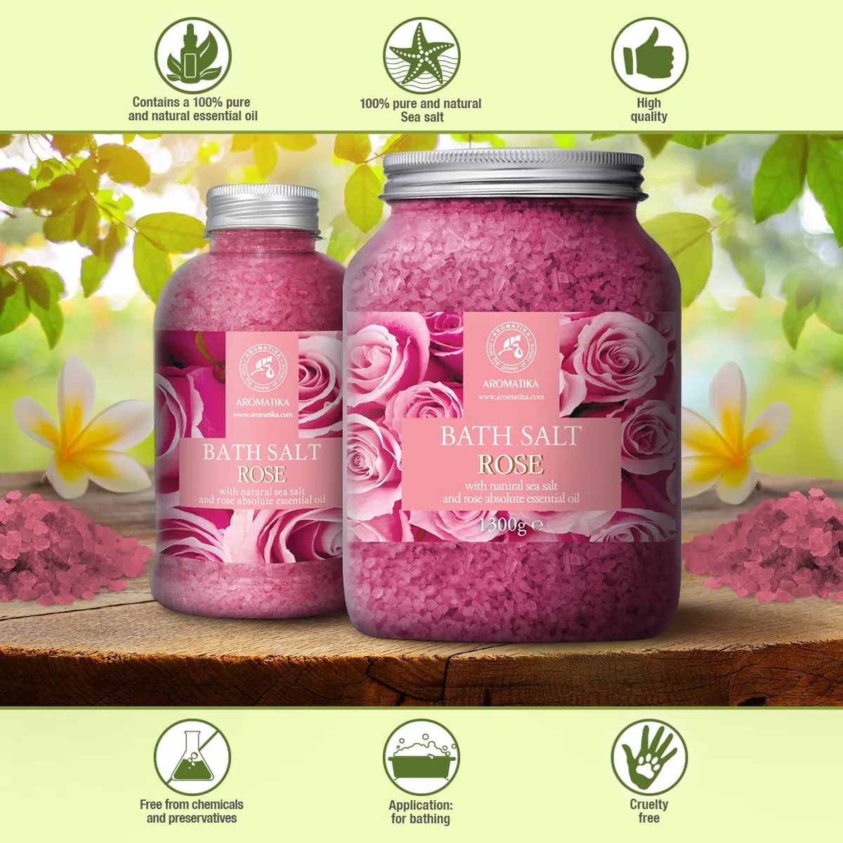 Sale da Bagno Rosa 1300g - Sale Marino con Olio Essenziale di Rose - per un Buon Sonno - Riduzione dello Stress - Cura del Corpo - Relax - Aromaterapia - Bellezza - Sali da Bagno di Aromatika