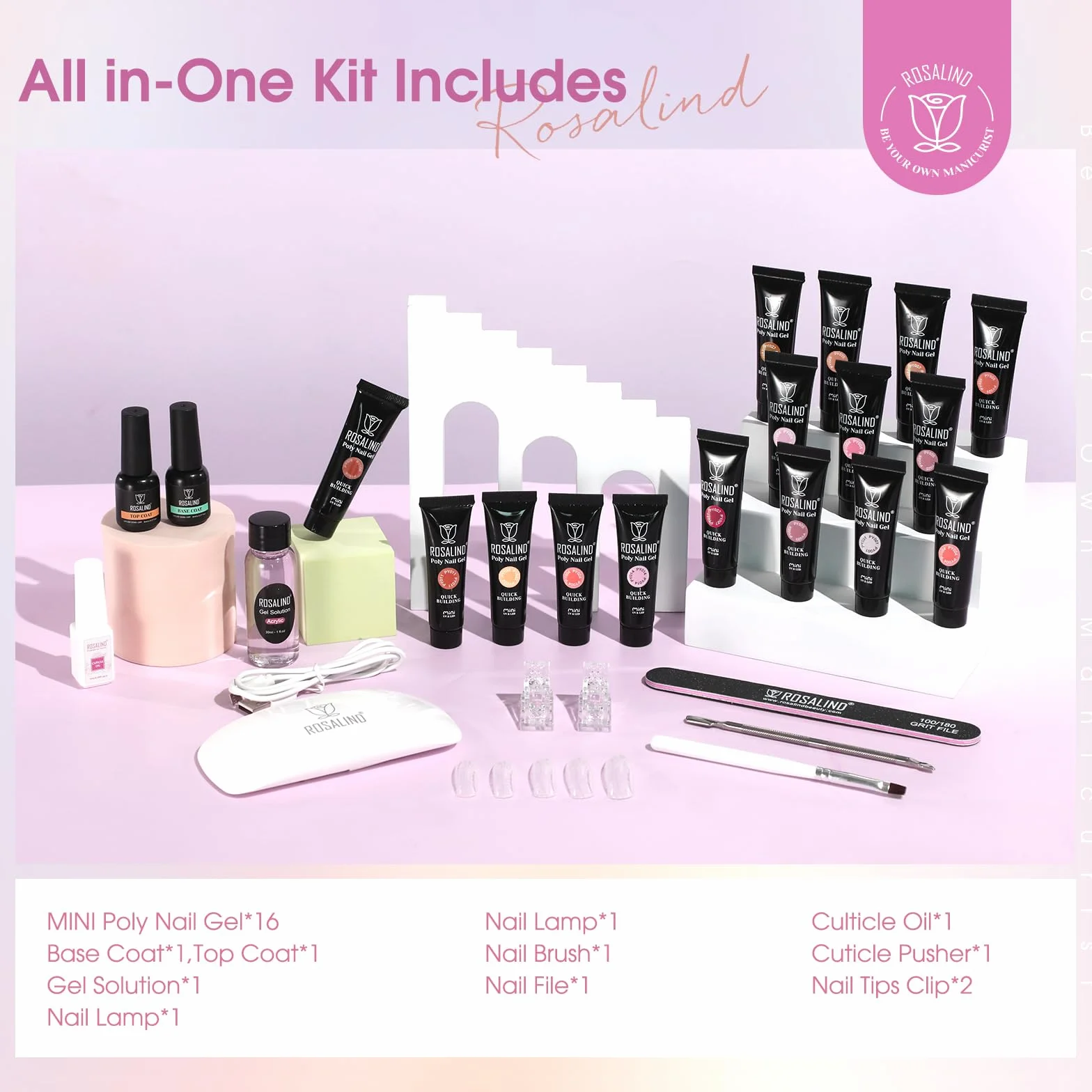 ROSALIND Kit Completo Arcygel, 16 Colori 10ml Estensioni Gel per Unghie con Lampada UV, Base e Top Coat, Strumenti Manicure, Kit Completo Poly Unghie gel Nail Art per Principianti e Professionisti