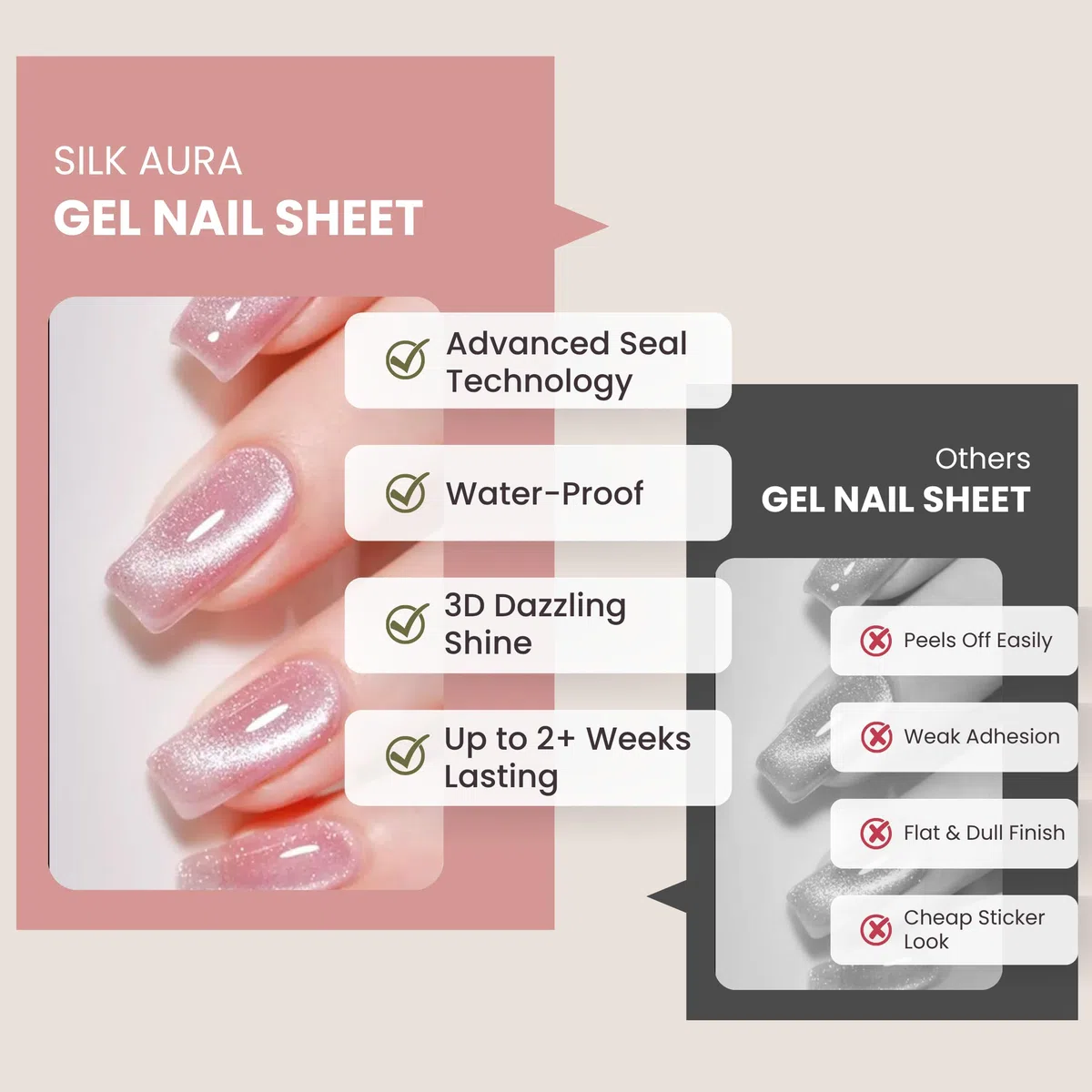 Silk Aura Pellicola autoadesiva in gel per unghie, senza raggi UV, nude glitterato, impermeabile e di lunga durata, design naturale per unghie delle dita e dei piedi