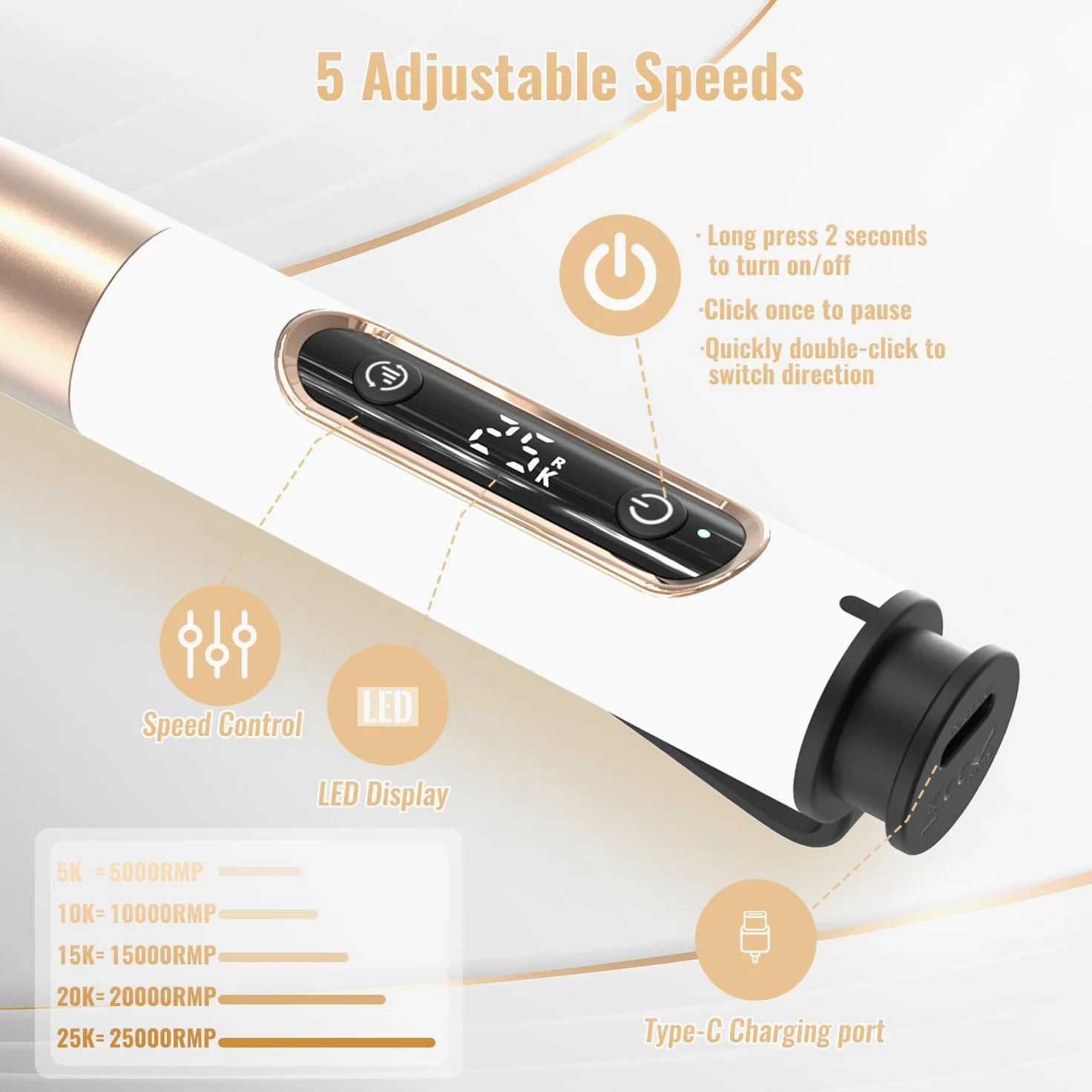 Fresa per Unghie, Lima per Unghie Elettrica 12 in 1 Senza Fili Professionale 25000RPM Giri, con Display LCD, Portatile Kit Manicure Pedicure Elettrico per Rimozione Gel Semipermanente Oro