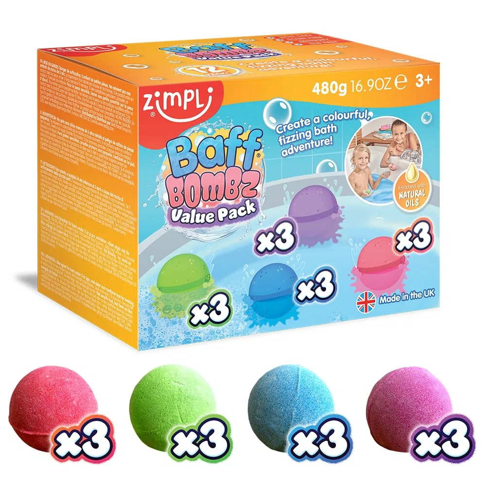ZIMPLI - 12 x Baff Bombz, Crea un’avventura colorata e frizzante durante il bagnetto, Bombe da Bagno per Vasca per Bambini, Idee per Sacchetti Party, Gadget
