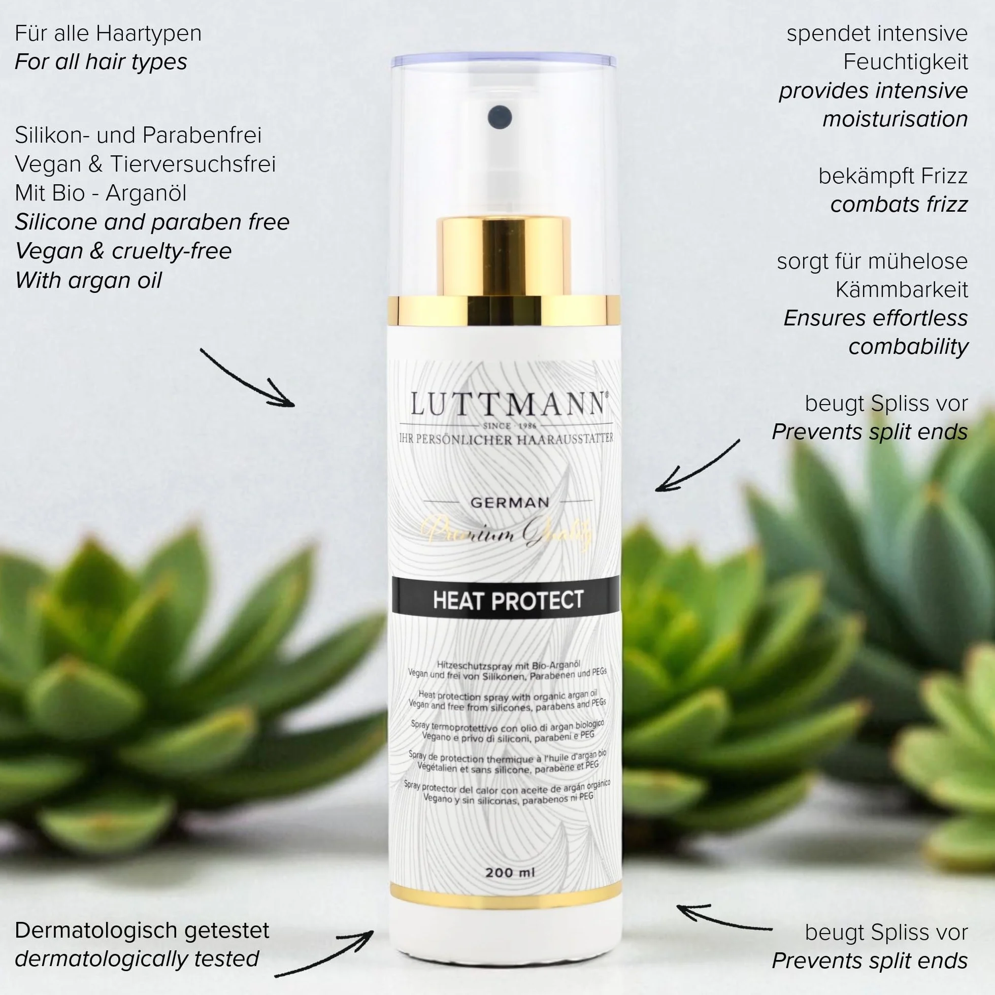 Heat Protect Spray 200 ml – Spray termico con olio di argan biologico – per extension, parrucche, parrucche e capelli propri – Made in Germany