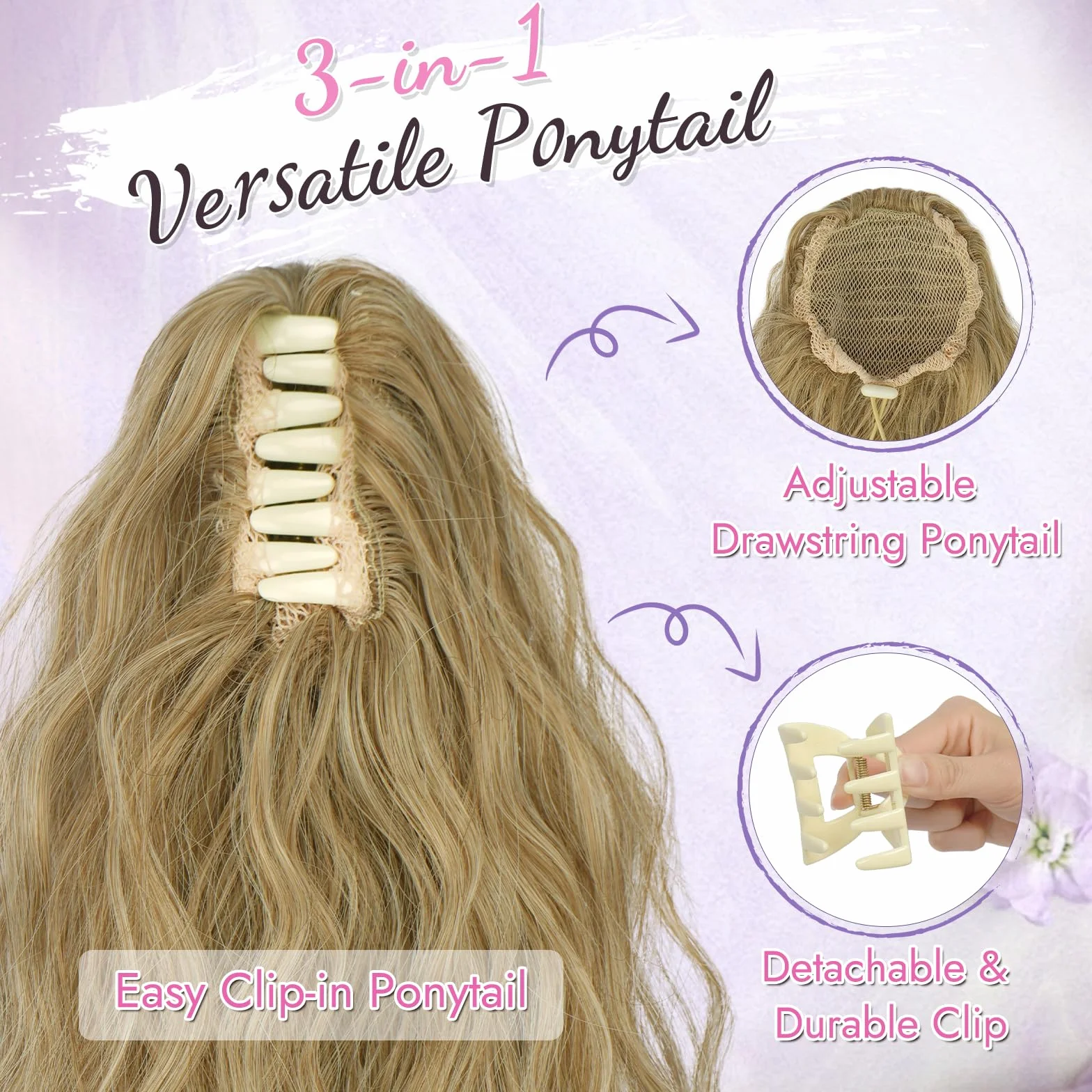 RUWISS Coda Capelli Extension con Pinza, Coda Finta Capelli Ricci 35 cm Coda Capelli Extension Ondulate Sintetici Coda di Cavallo per Donne (Biondo Cenere Scuro)