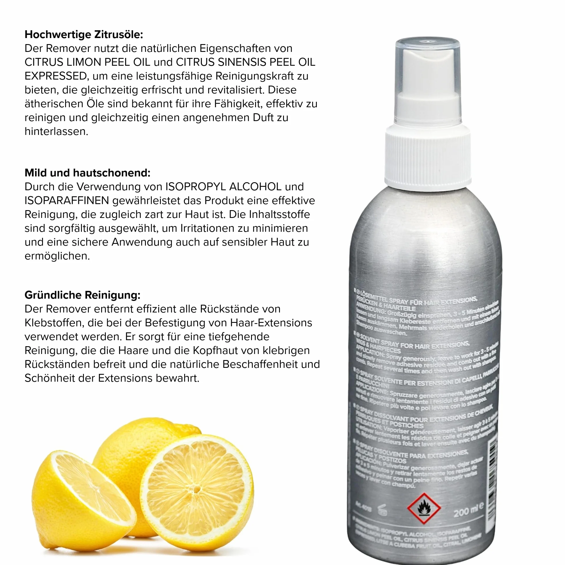 Citrus Solvente Remover 200 ml - Detergente per Bonding, Spray per Extension, Parrucche e Capelli - Made in Germany & Dermatologicamente Testato