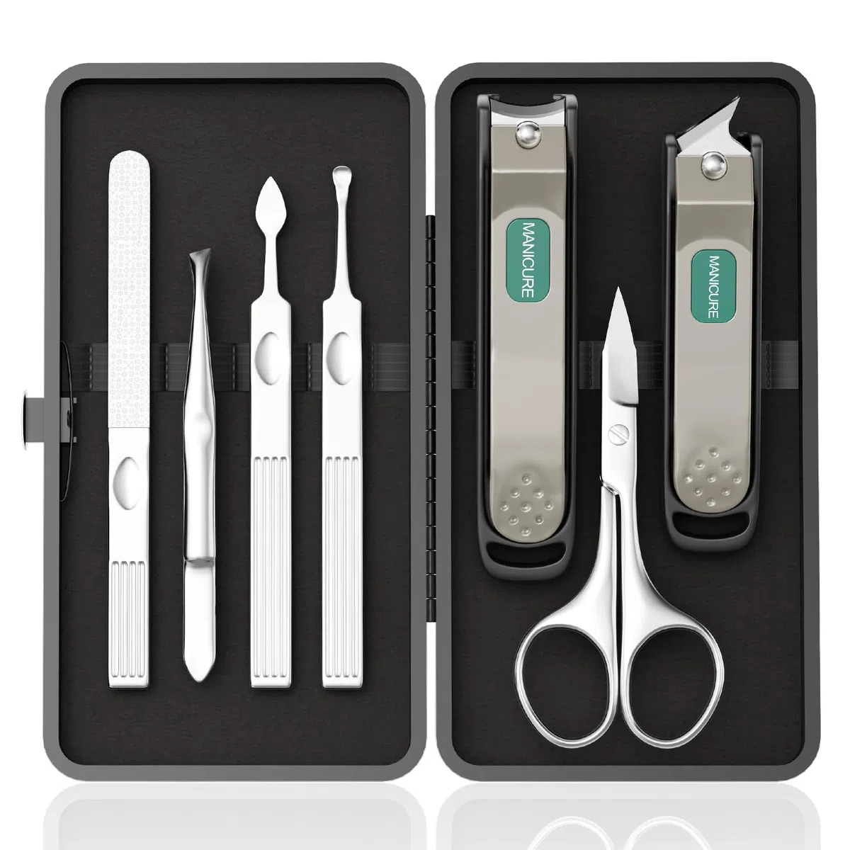 Set manicure professionale per uomini e donne, kit da 7 pezzi in acciaio inox con tagliaunghie grande, kit manicure da viaggio in custodia in pelle PU nera