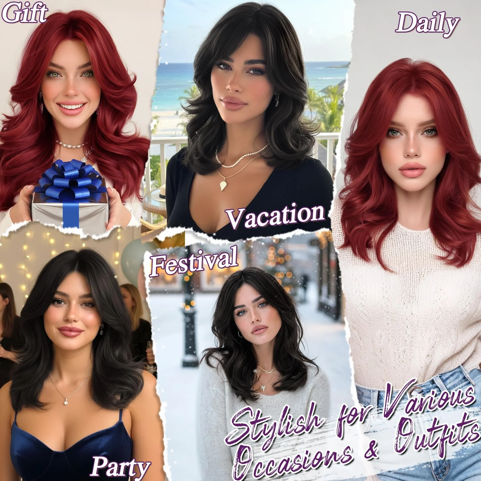 BARSDAR Corto Ondulato Rame Rosso Parrucca, Shoulder Lunghezza Rame Parrucche per Donne Corto Loose Wave Layered Parrucca con Face-Framing Curtain Bangs Aspetto Naturale Sintetico Capelli Parrucche