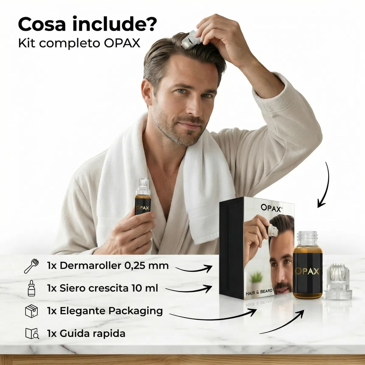 Opax Dermaroller Capelli 0.25mm con Siero Crescita Capelli 10ml, Microneedling Capelli, Derma Roller, Siero Sopracciglia, Ideale per Ricrescita Capelli Uomo, Barba - Adatto A Lui & Lei - Made In Italy