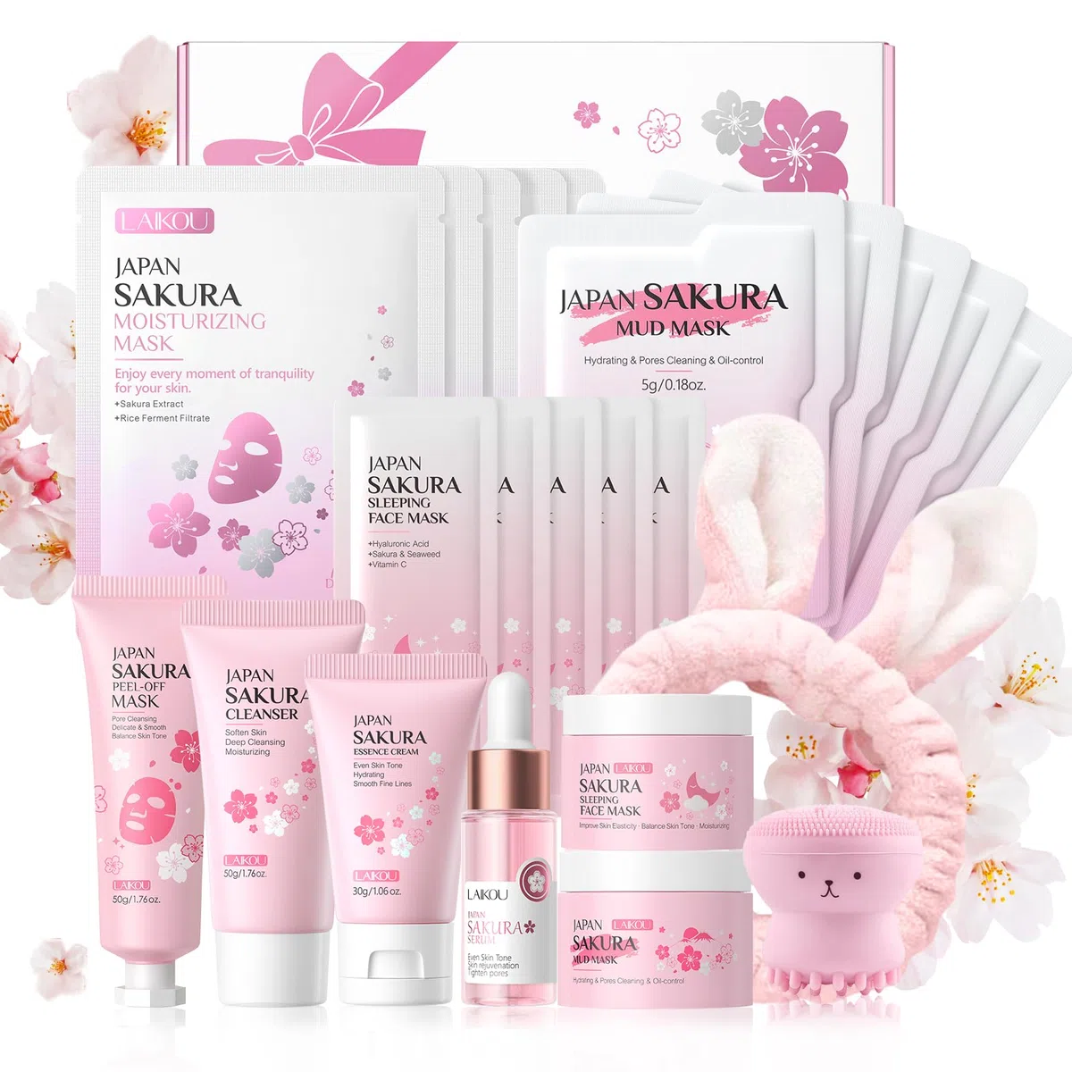LAIKOU Sakura Skin Care Adolescente da Viaggio, 8 Pezzi Kit Pulizia Viso Ragazza, Kit Crema Viso Giorno e Notte, con Detergente Crema Contorno Occhi Siero Maschera Idratante e Maschera Collo (11pcs)