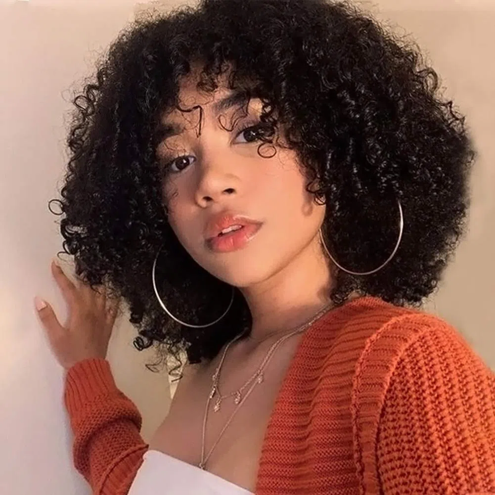 Parrucche Nero ricci corte per le donne, parrucca riccia nera morbida con frangia, riccioli afro kinky parrucca sintetica resistente al calore naturale per donne nere