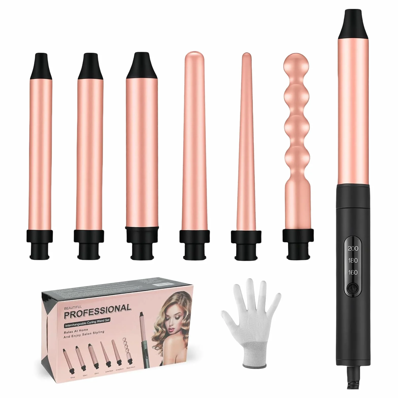 Flintronic Ferro Arricciacapelli Professionale Set, Ferro Arricciacapelli Set 6 in 1, Piastra Arriccia Capelli Ceramica con 5 Ferri di Diverso Diametro, Piastra Capelli Onde - 3 Temperatura Regolabile