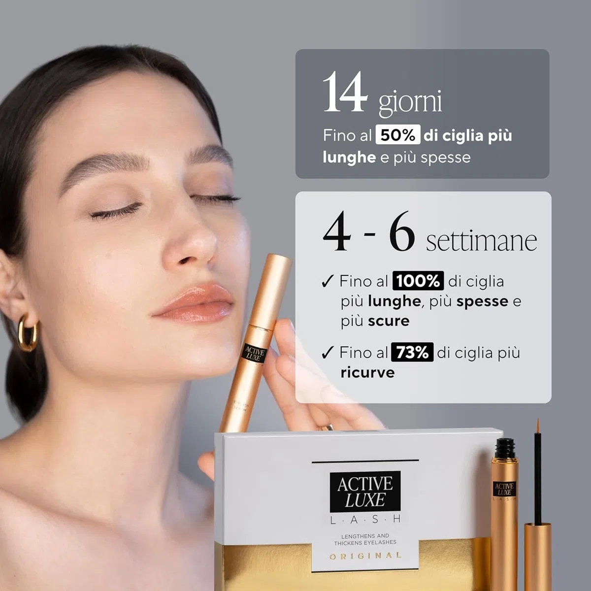 Active Luxe Siero Ciglia Allungante, 1.5 ml | Siero Crescita Ciglia Clinicamente Testato, Senza Ormoni, Vegan, Ciglia Allunganti Naturali, Effetto Lash Lift