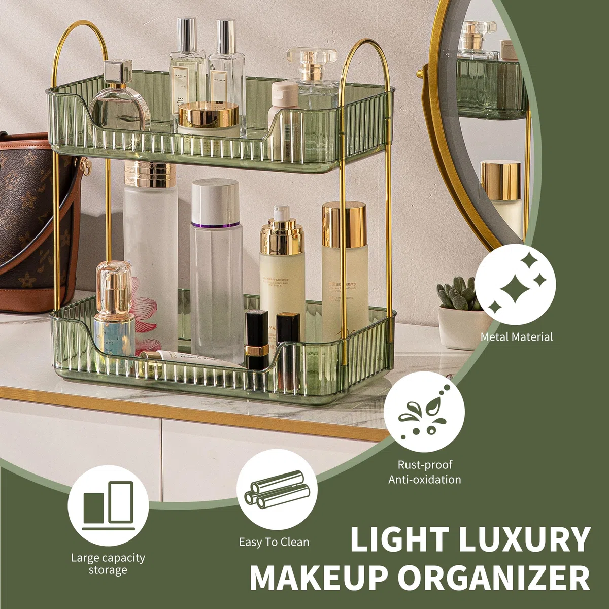 Organizzatore di Trucco, Organizzatore di Cosmetici ad Grande Capacità, Organizzatore di Profumi, Organizzatore Della Cura Della Pelle per Bagno (2 Strati, Verde)