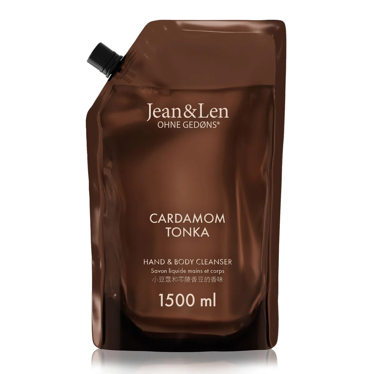 Jean & Len Hand & Body Cleanser Cardamom & Tonka in busta ricarica, per un'esperienza di pulizia profumata, profumo esotico e speziato, sapone liquido in confezione ricarica, vegano, 1,5 L