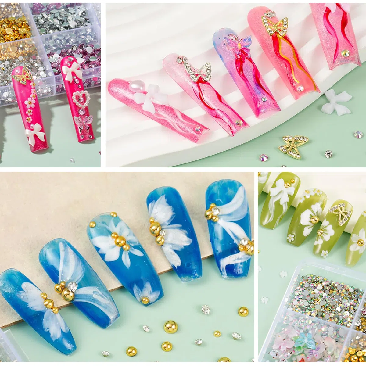 10000 Pezzi Fiocco Rosa Carino Cuore 3D Fiori Charms, Farfalla Dorata Chunky Decorazioni, Gioielli Per Unghie Diamanti Strass, Perline Per Nail Art