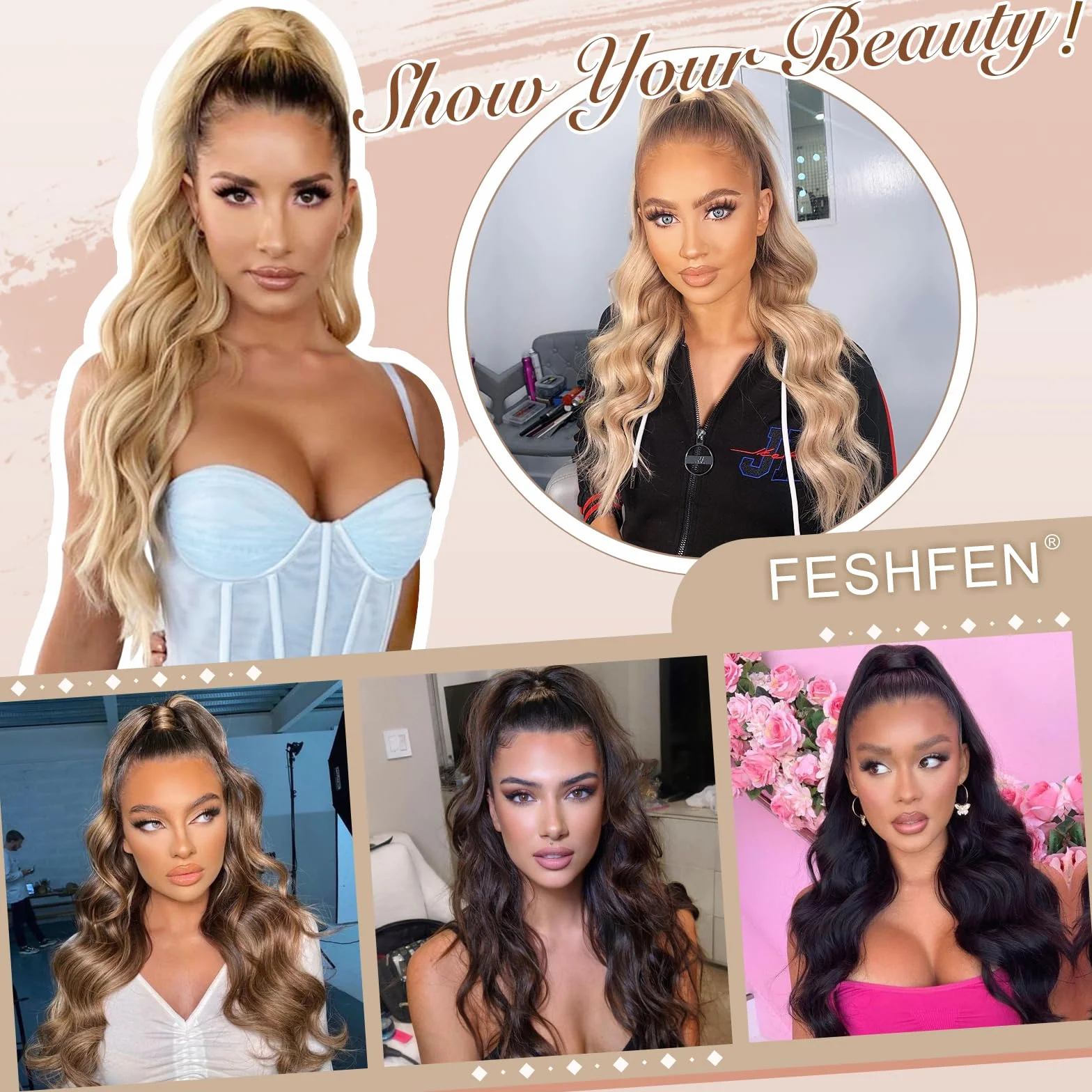 FESHFEN Extension Coda Capelli Lunga Castano Medio Posticci per Capelli Ondulati Ricci Coda Cavallo Capelli Extensions Finta per Donne, 60 cm