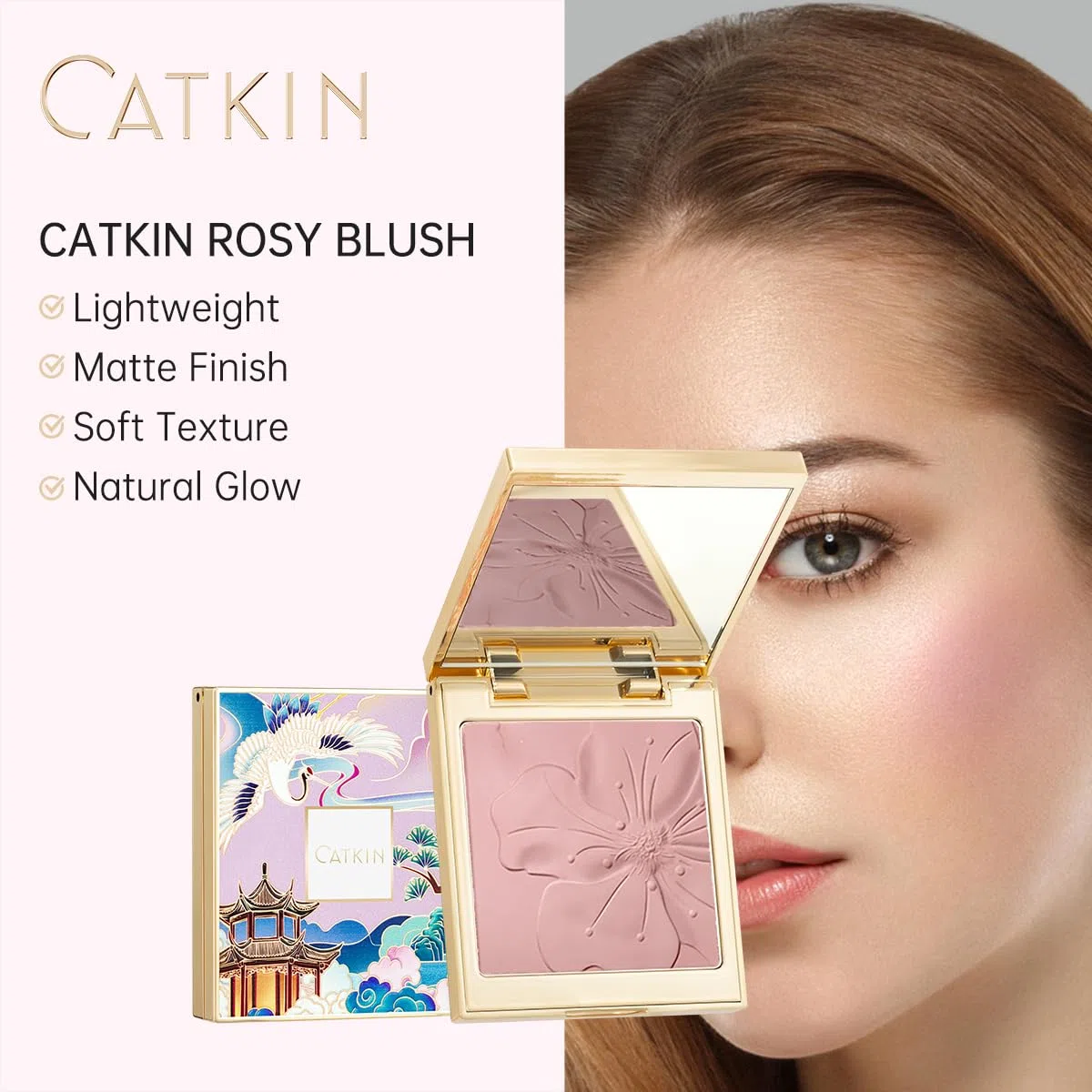 CATKIN Makeup Blush Polvere, Astra, 2-in-1 Illuminante viso in Polvere con Fard, Formula Leggero e Idratante, con Acido Laluronico, Matte, Effetto Naturale, Per un Look Fresco e Colorato, 10g
