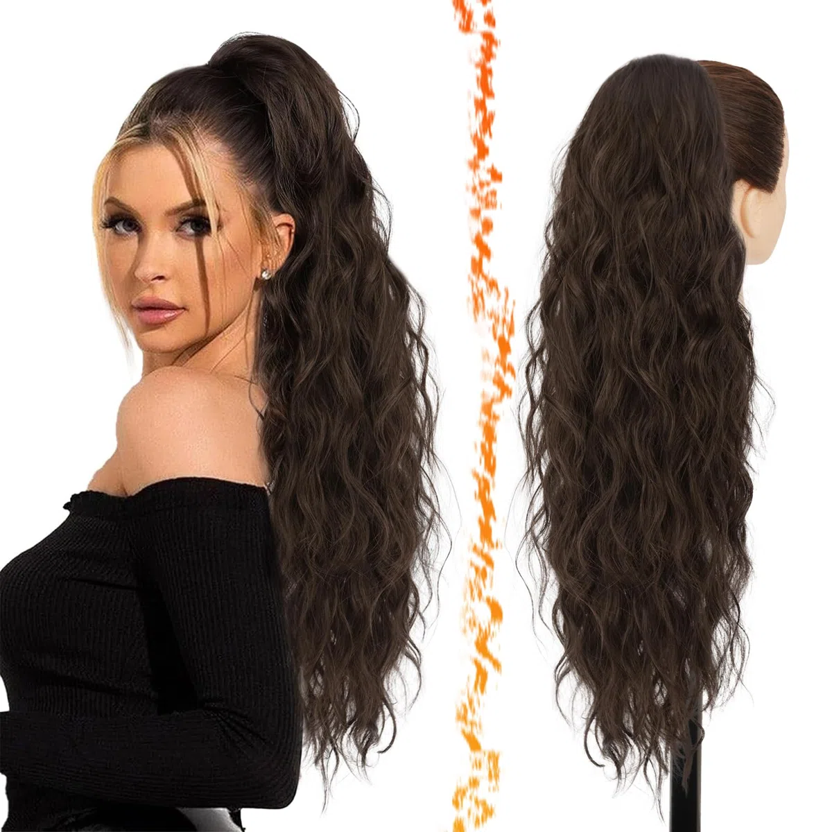 BARSDAR Castano Coda Cavallo Extension con Coulisse, 66cm Lunga Ricci Ondulati Coda di Cavallo Capelli Extension per Donna, Sintetici Clip in Posticci Finta Capelli, Castano