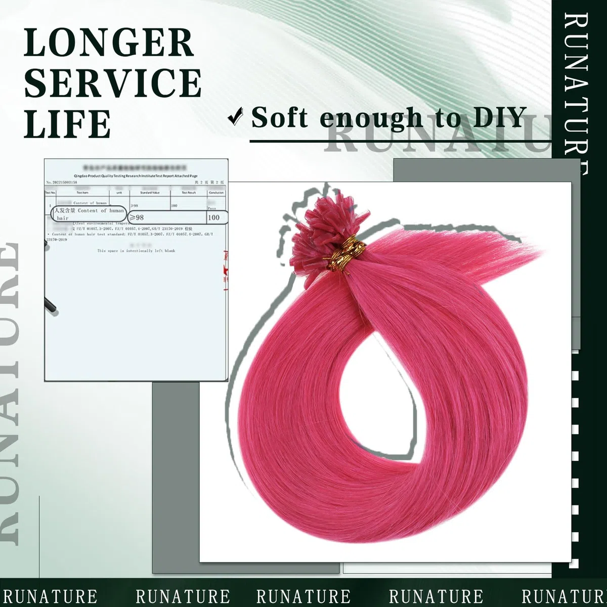 RUNATURE Extension Capelli Veri Cheratina Rosa 35cm 20g 25s Remy Extensions Capelli Veri Lisci #HotPink