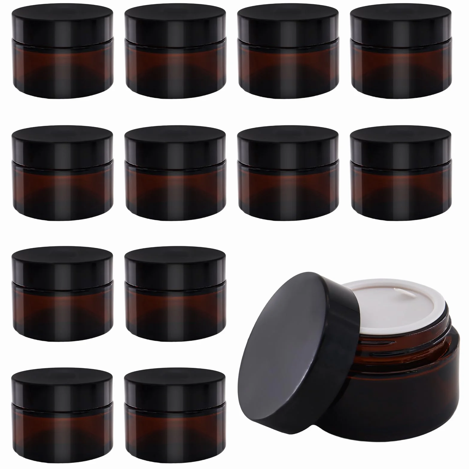 12 Barattoli Vuoti in Vetro Ambra da 30 ml, Contenitori per Unguento e Crema da Riempire, Con Coperchio e Fodera per Cosmetici, Creme e Lozioni