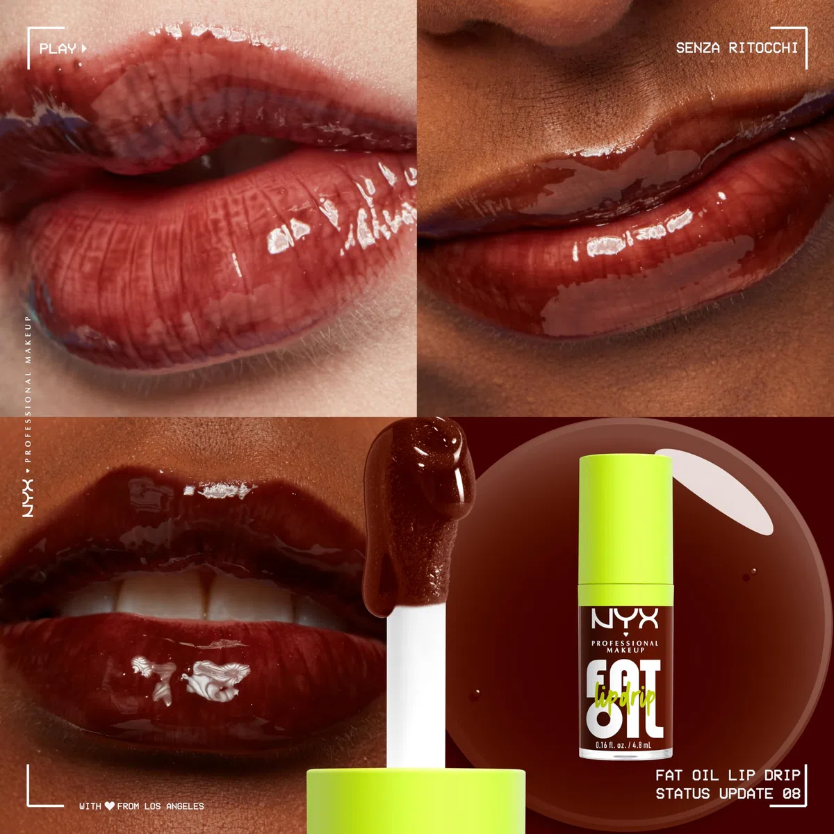 NYX Professional Makeup Set di Gloss Labbra, Finish Extra Brillante, Fino a 12H di Idratazione, Con Maxi Applicatore, Arricchito con Oli di Squalano, Lampone e Camemoro, Fat Oil Lip Drip, 4 Tonalità