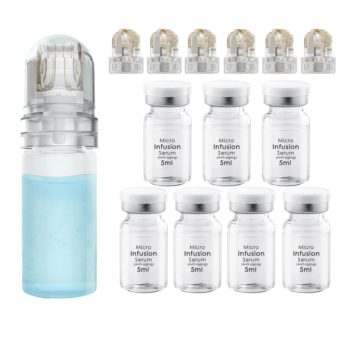 Set di Sistema di Infusione con Microneedling, incluso Hydra Roller da 0,25 mm 1 pezzo, 6 Testine di Ricambio e 7 Fiale di Siero Anti-Invecchiamento da 5 ml, Trattamento Anti-Invecchiamento