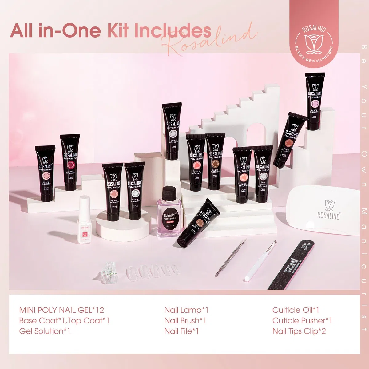 ROSALIND Poligel per Unghie Kit Completo, 12 Colori 10ml Gel Unghie Ricostruzione con UV Lampada, Base & Top Coat e Strumenti, Poly Nail Gel Completo kit per Principiante, Professionale e Salone