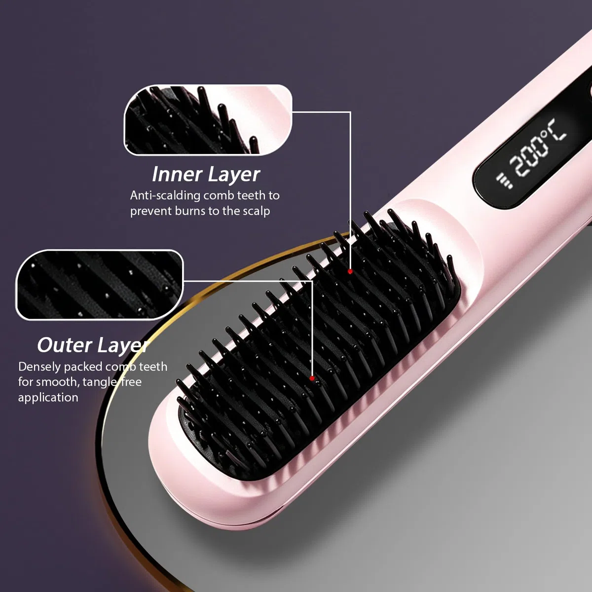 Spazzola Lisciante per Capelli 3 Temperature (160-180-200℃) Display LED Portatile Spazzola Lisciante Senza Fili per Capelli Corti Riscaldamento Rapido