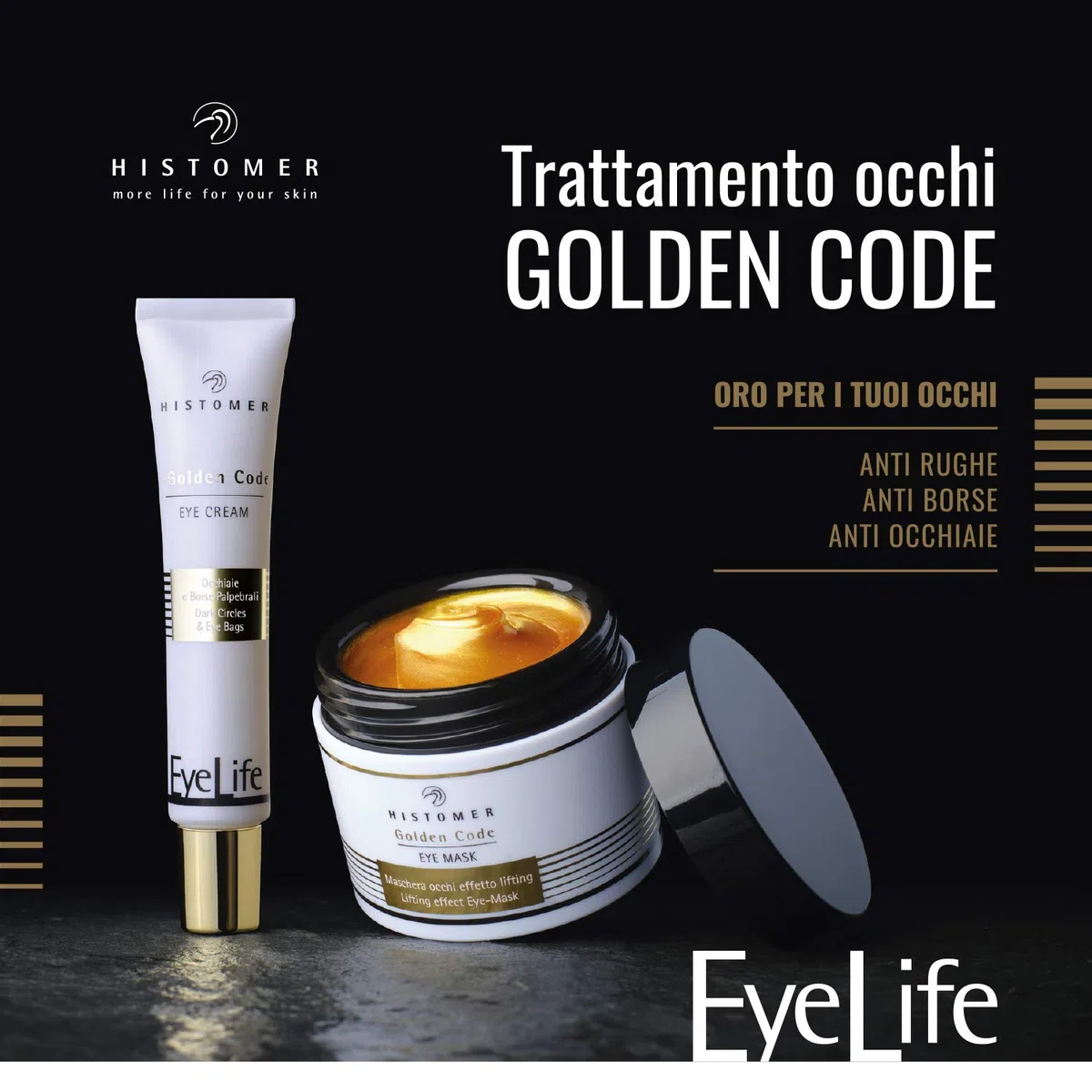 Histomer Maschera Occhi Golden Code Eye Mask, Maschera Contorno Occhi Antiage, Azione Mirata Anti Occhiaie e Borse, Antirughe con Oro Colloidale Puro, Bio Peptidi e Cellule Staminali Vegetali - 45 ml