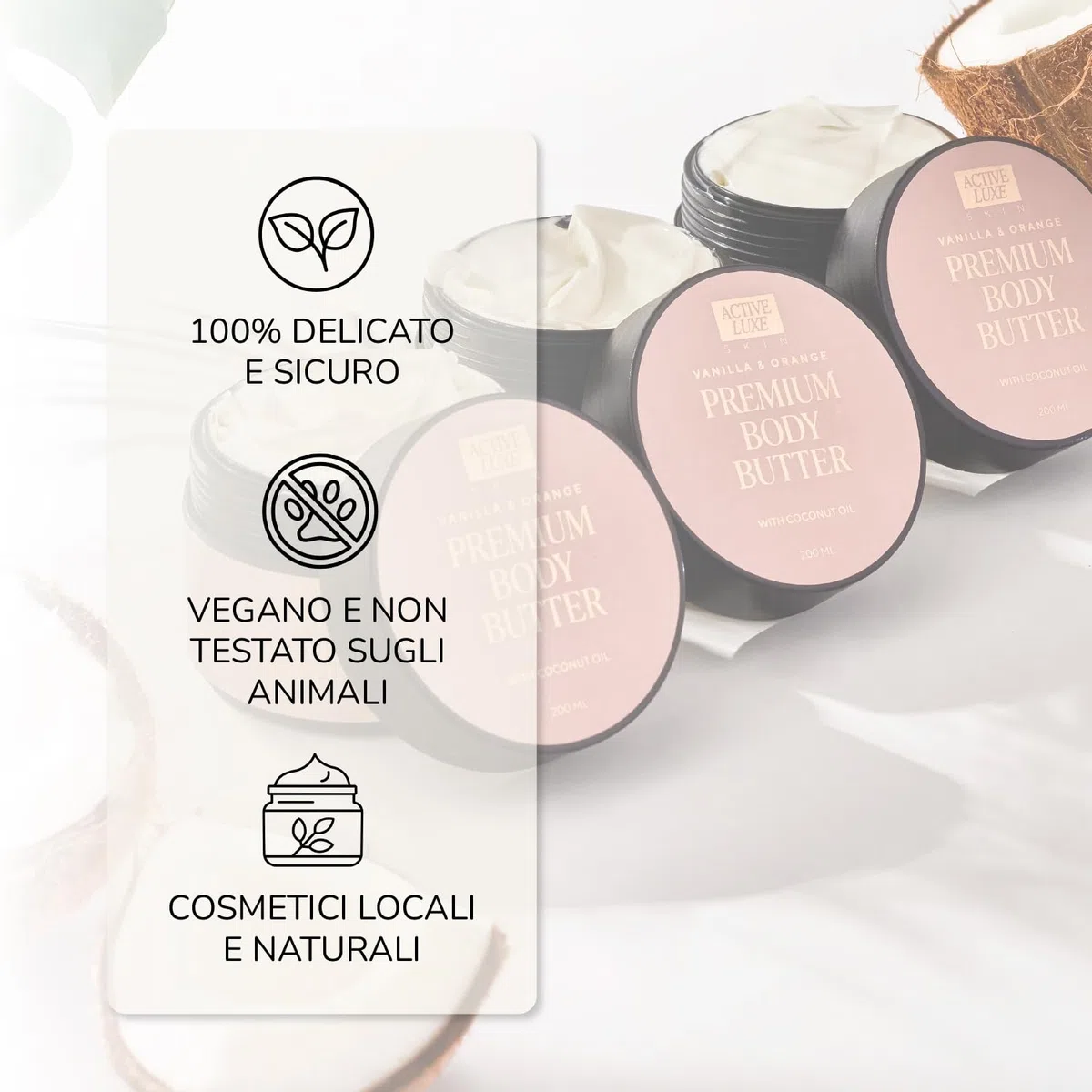 Active Luxe Premium Body Butter – Burro Corpo Idratante, 200ml | Olio di Cocco, Burro di Karitè & Olio di Mandorla, Profumato Arancia & Vaniglia