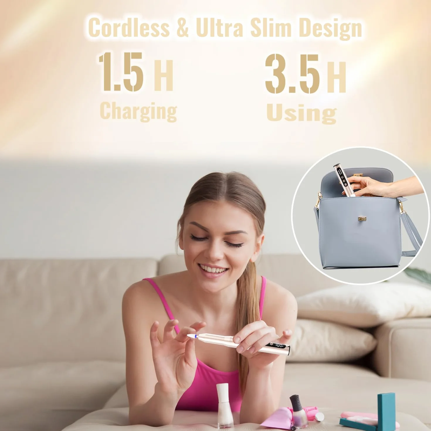 Fresa Per Unghie 35000 RPM, Lima elettrica per unghie Professional 12 in 1, Senze Fili Ricaricabile Portatile con Display LCD Elettrico Manicure e Pedicure Rimozione Gel Casa, Salon, Oro