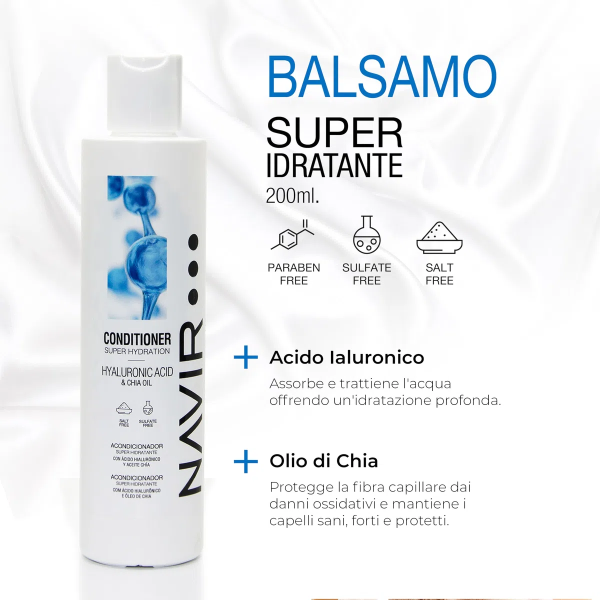 NAVIR Professionale | Kit professionale capelli con acido ialuronico – Shampoo 500ml + maschera 200ml + balsamo 200ml – Idratazione intensa post trattamento lisciante – Senza solfati – 3 prodotti