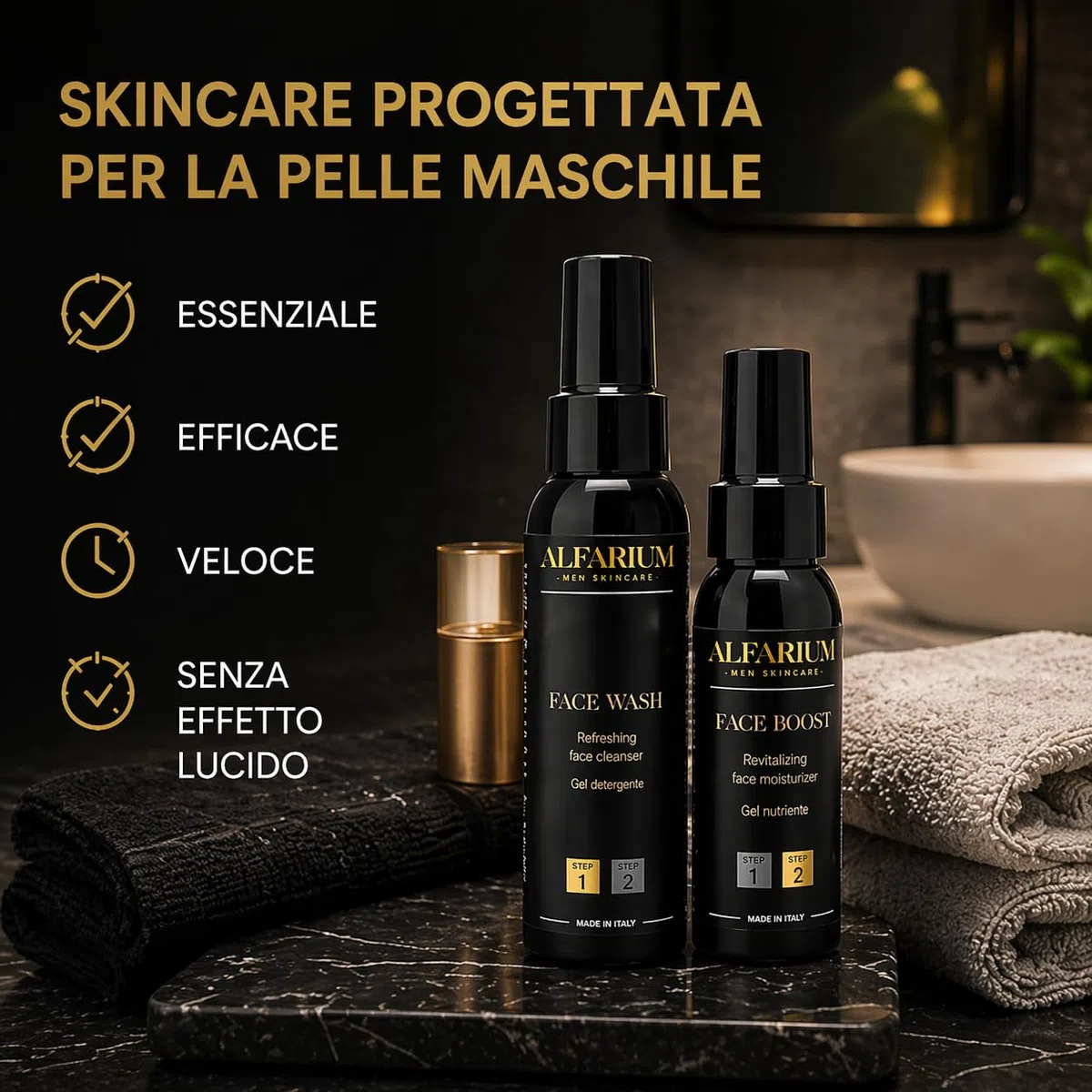 Alfarium Kit Skincare Uomo | Detergente Viso + Crema Idratante Uomo per Pelle Grassa e Mista | Con Acido Ialuronico e Vitamine A B5 C E | Routine Completa Made in Italy
