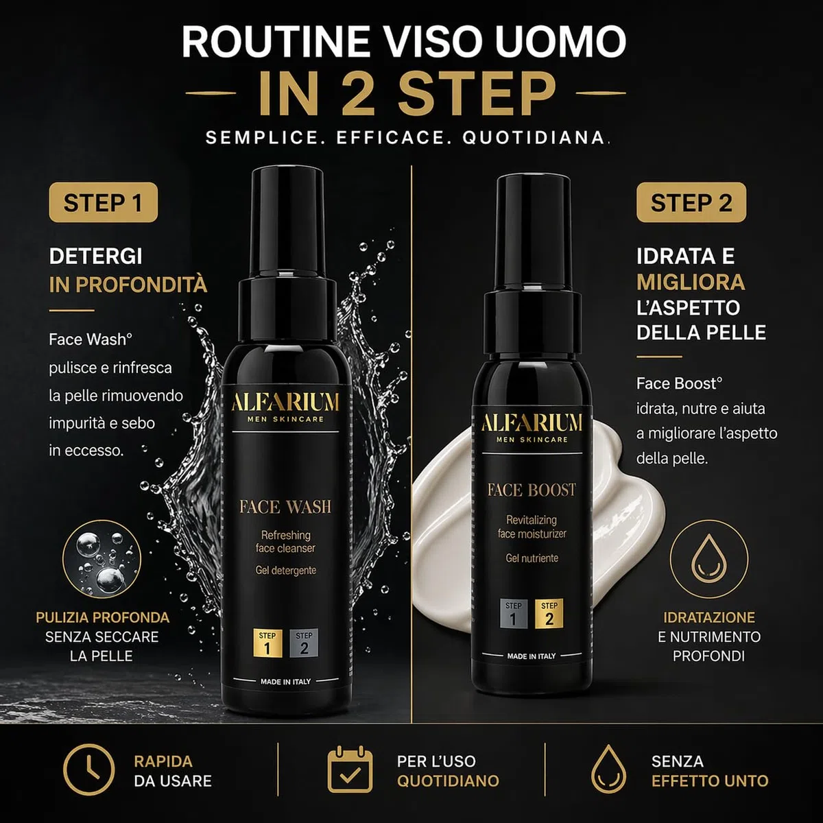 Alfarium Kit Skincare Uomo | Detergente Viso + Crema Idratante Uomo per Pelle Grassa e Mista | Con Acido Ialuronico e Vitamine A B5 C E | Routine Completa Made in Italy