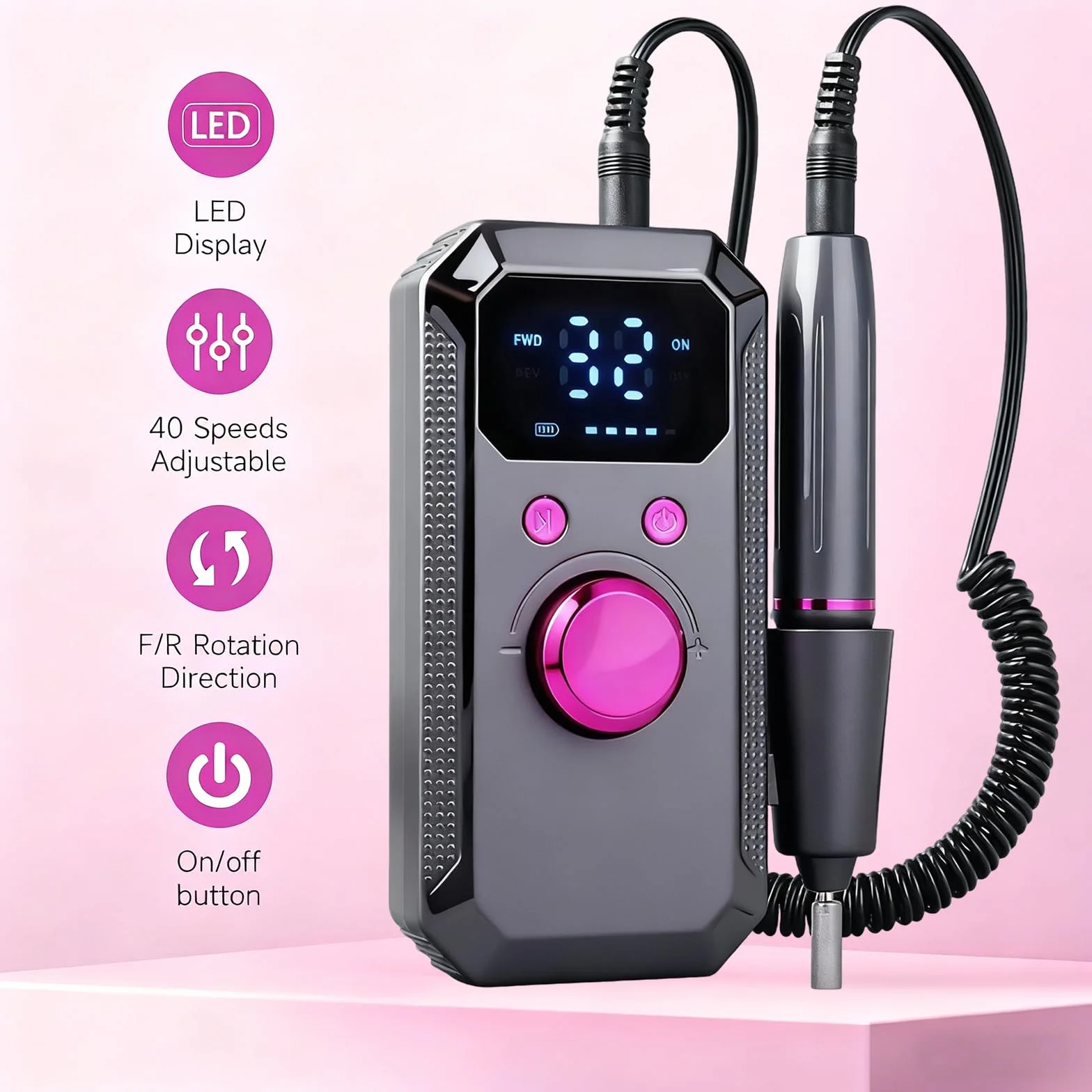 Fresa per Unghie Professionale 40000 RPM Portatile Ricaricabile Lima per Unghie Elettrica Velocità Regolabile Manicure Set Trapano Elettrico con Display a LED per Saloni di Unghie DIY,Grigio Scuro