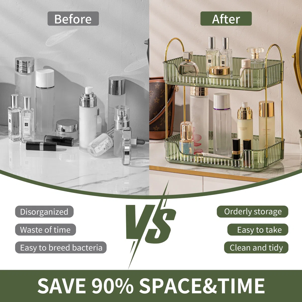 Organizzatore di Trucco, Organizzatore di Cosmetici ad Grande Capacità, Organizzatore di Profumi, Organizzatore Della Cura Della Pelle per Bagno (2 Strati, Verde)